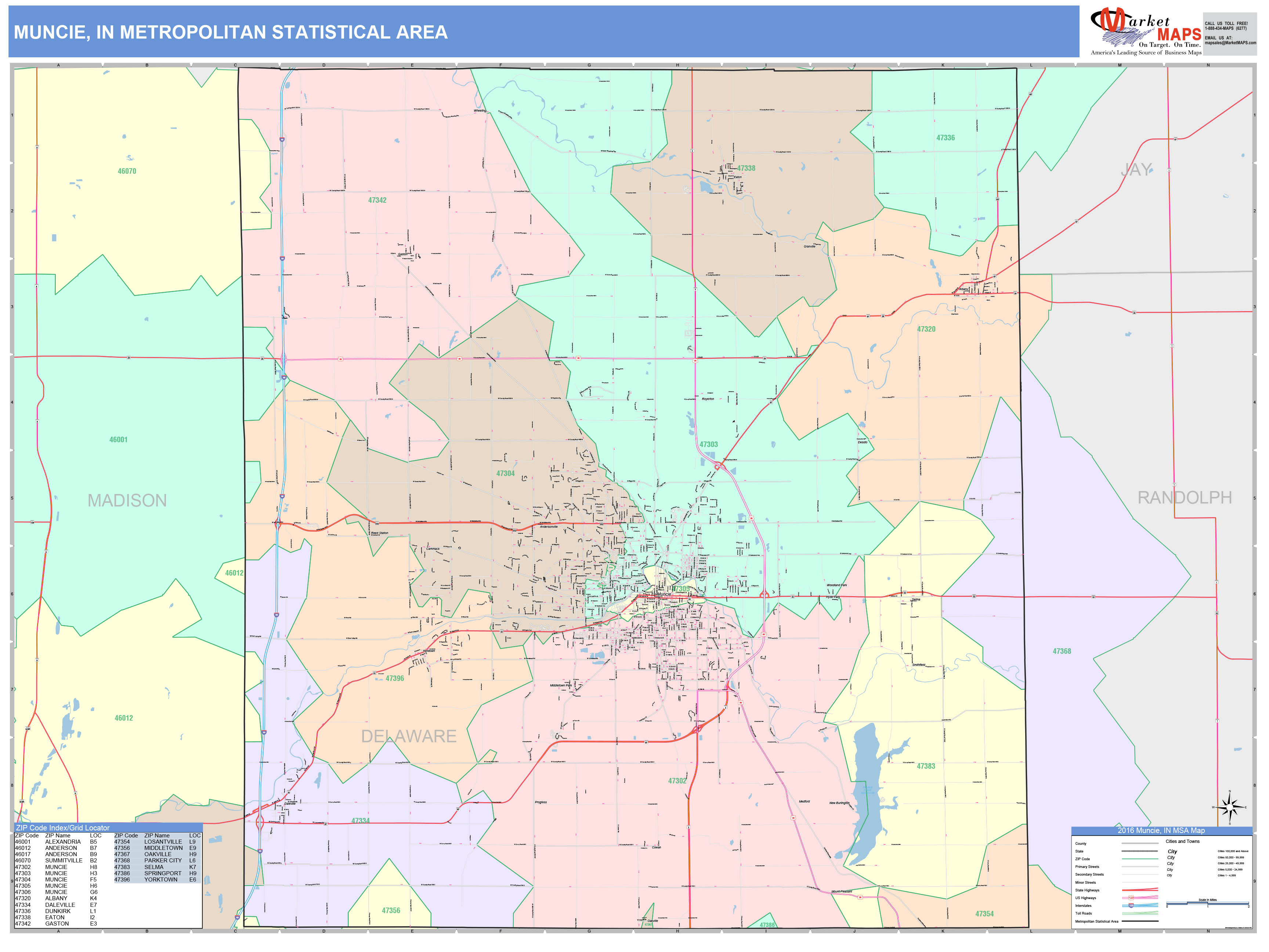 Muncie, IN Metro Area Wall Map Color Cast Style by MarketMAPS ...