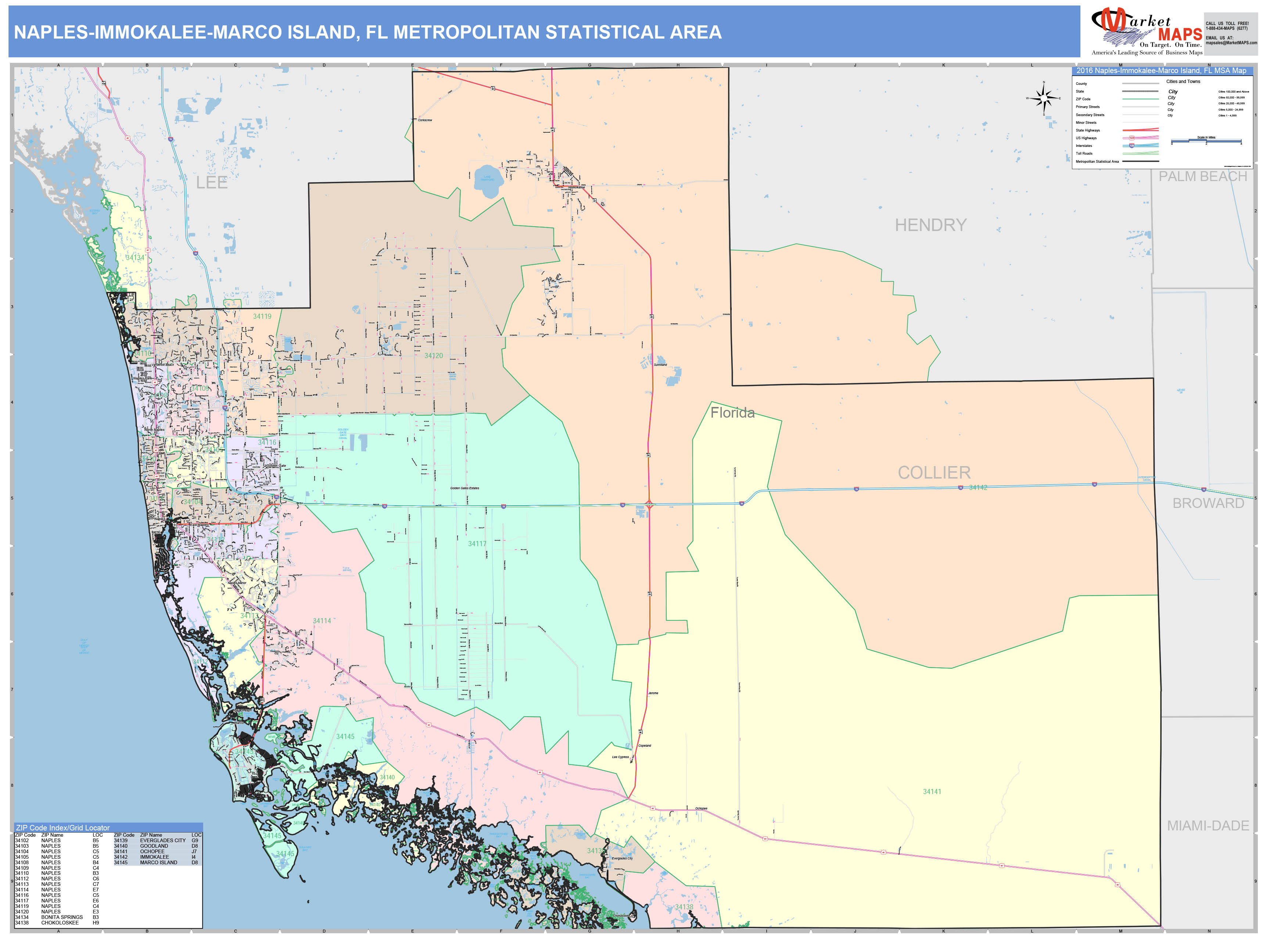 Naples-Immokalee-Marco Island, FL Metro Area Wall Map Color Cast Style ...