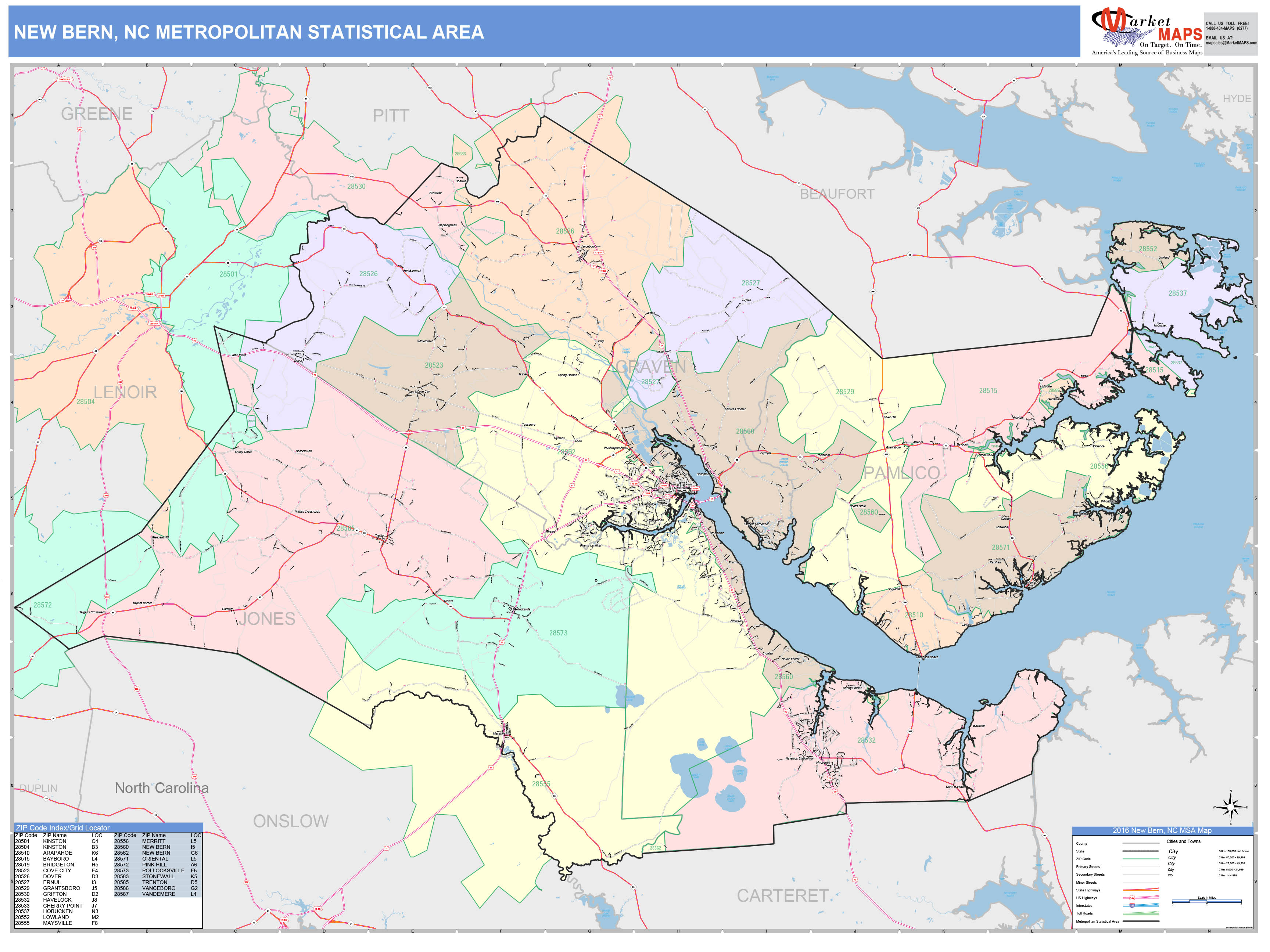 New Bern, NC Metro Area Wall Map Color Cast Style by MarketMAPS ...