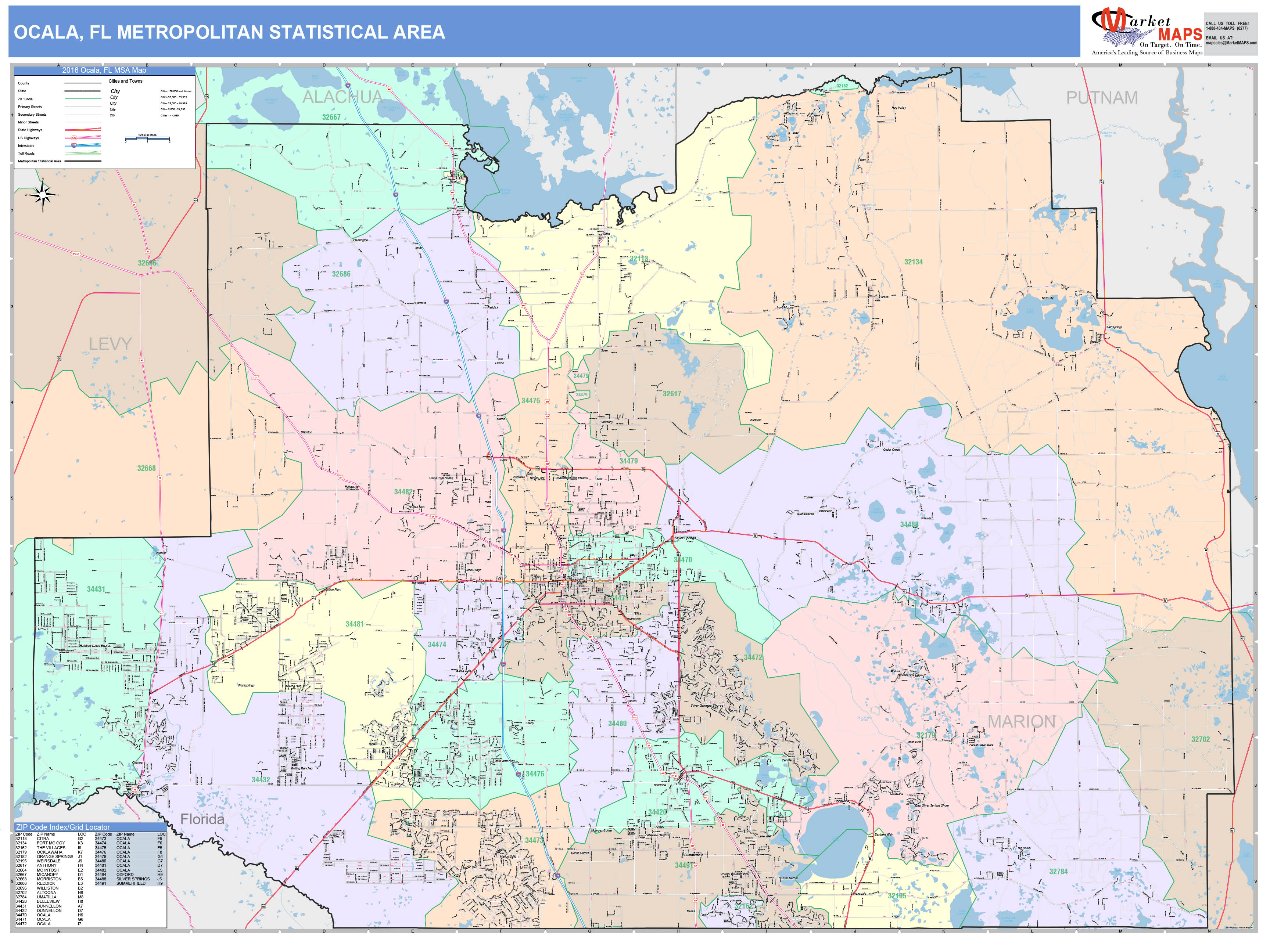 Ocala, FL Metro Area Wall Map Color Cast Style by MarketMAPS - MapSales.com