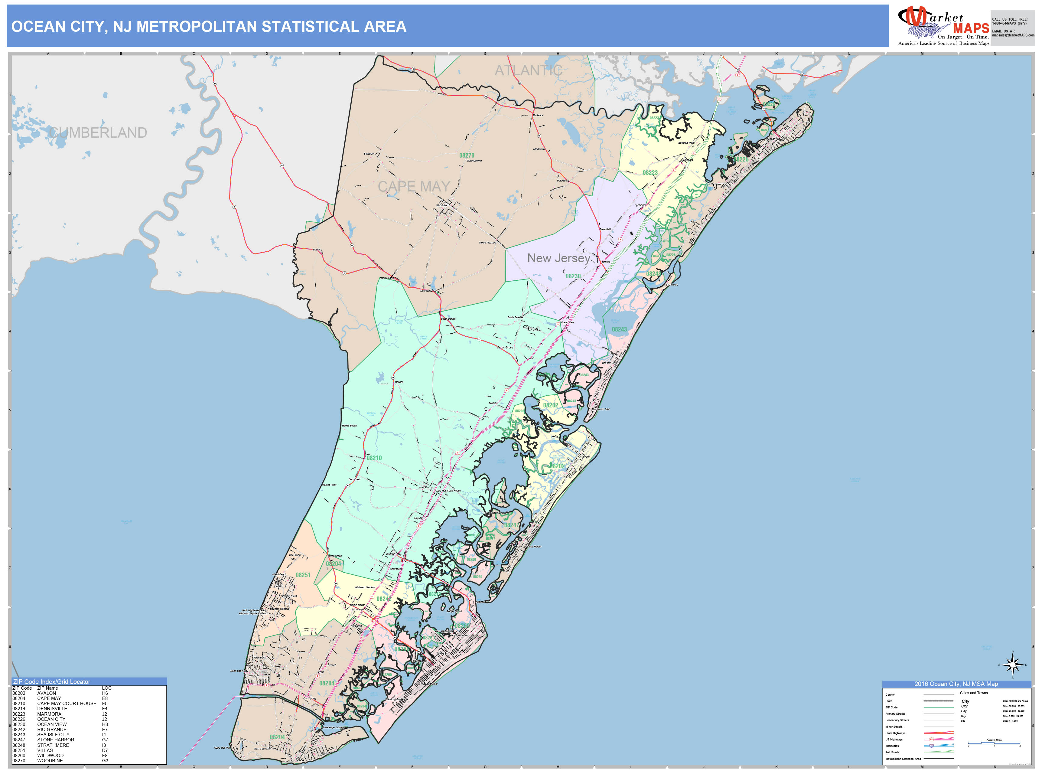 Ocean City, NJ Metro Area Wall Map Color Cast Style by MarketMAPS