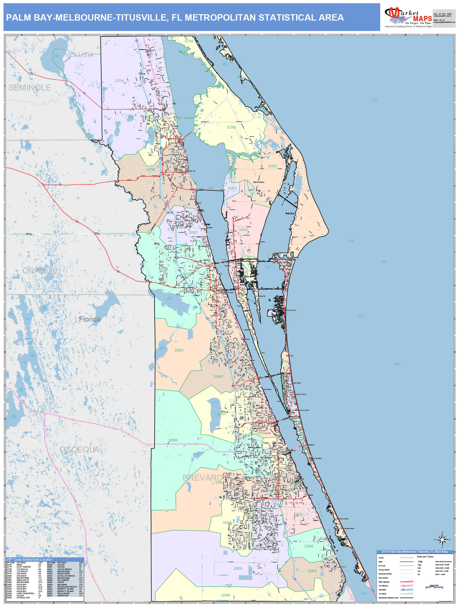 Palm Bay Melbourne Titusville Fl Metro Area Wall Map - vrogue.co