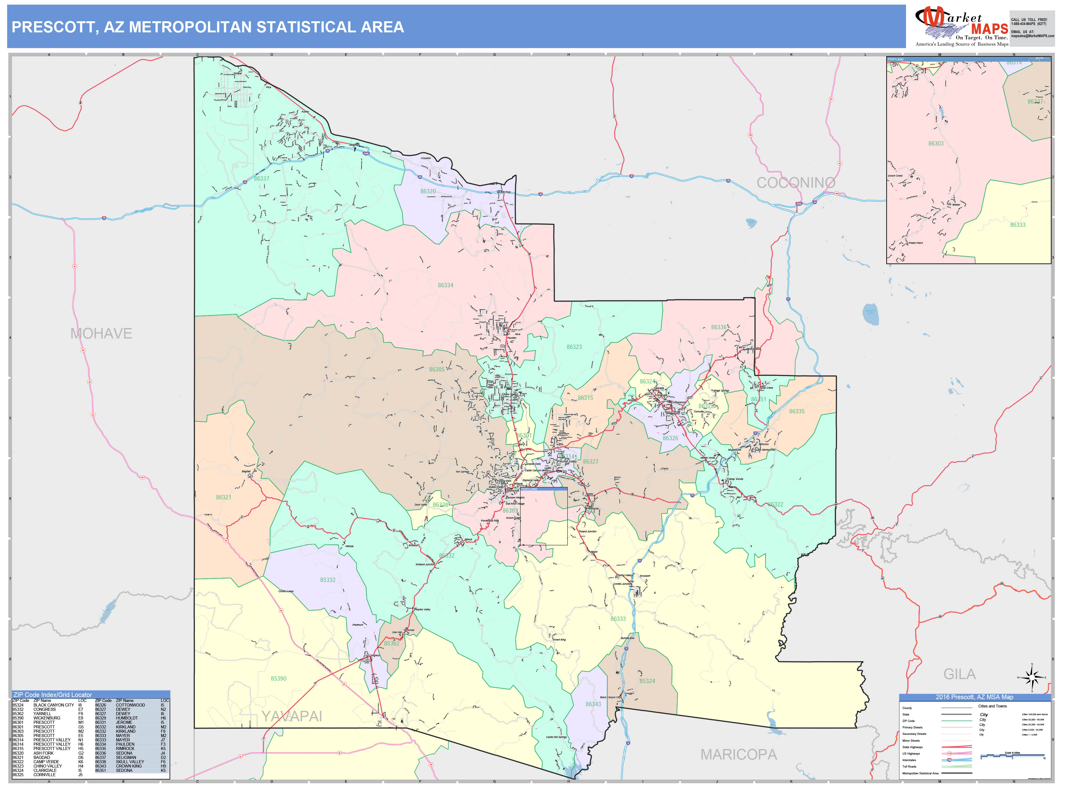 Prescott, AZ Metro Area Wall Map Color Cast Style by MarketMAPS - MapSales