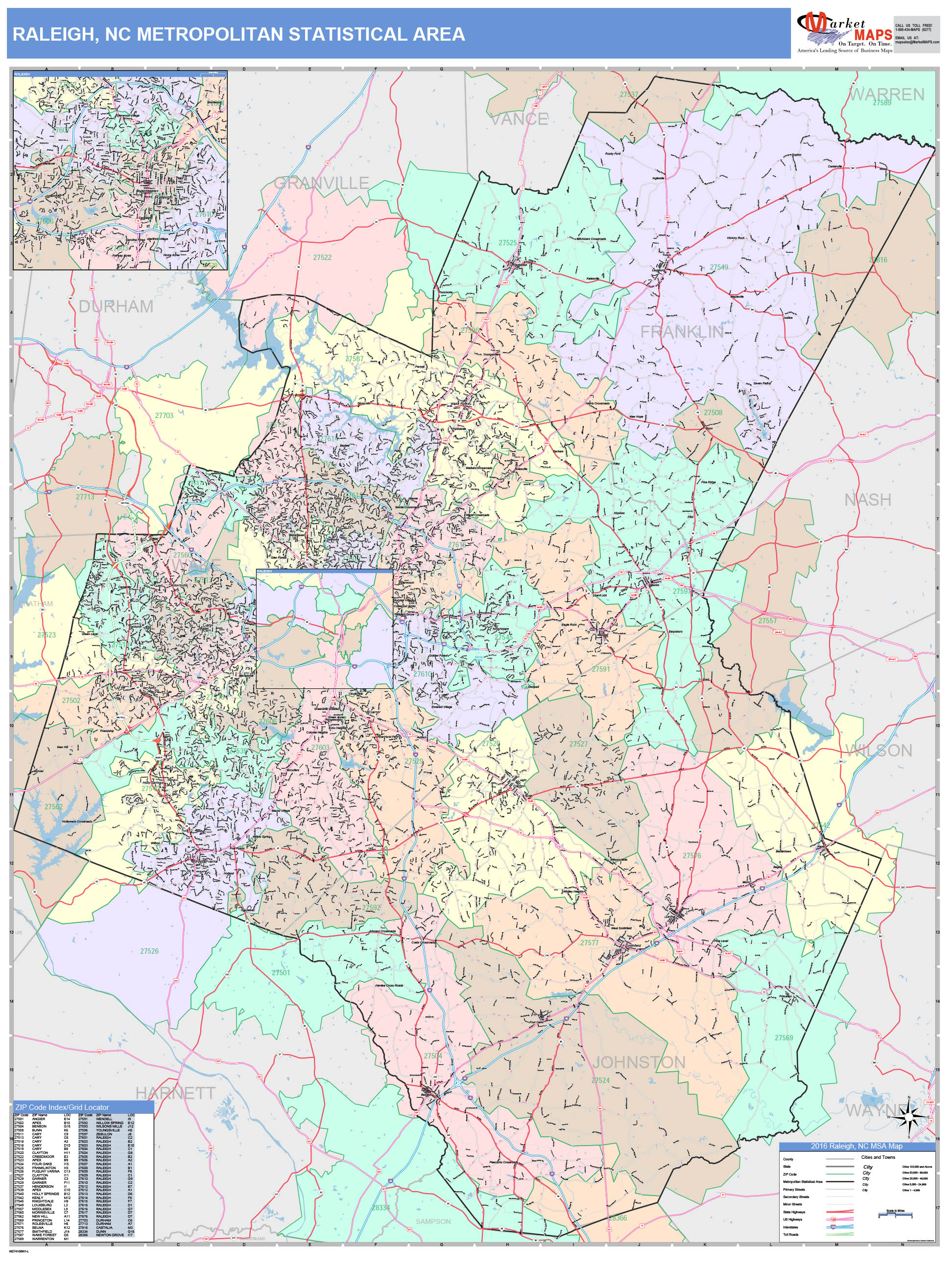 Raleigh, NC Metro Area Wall Map Color Cast Style by MarketMAPS - MapSales