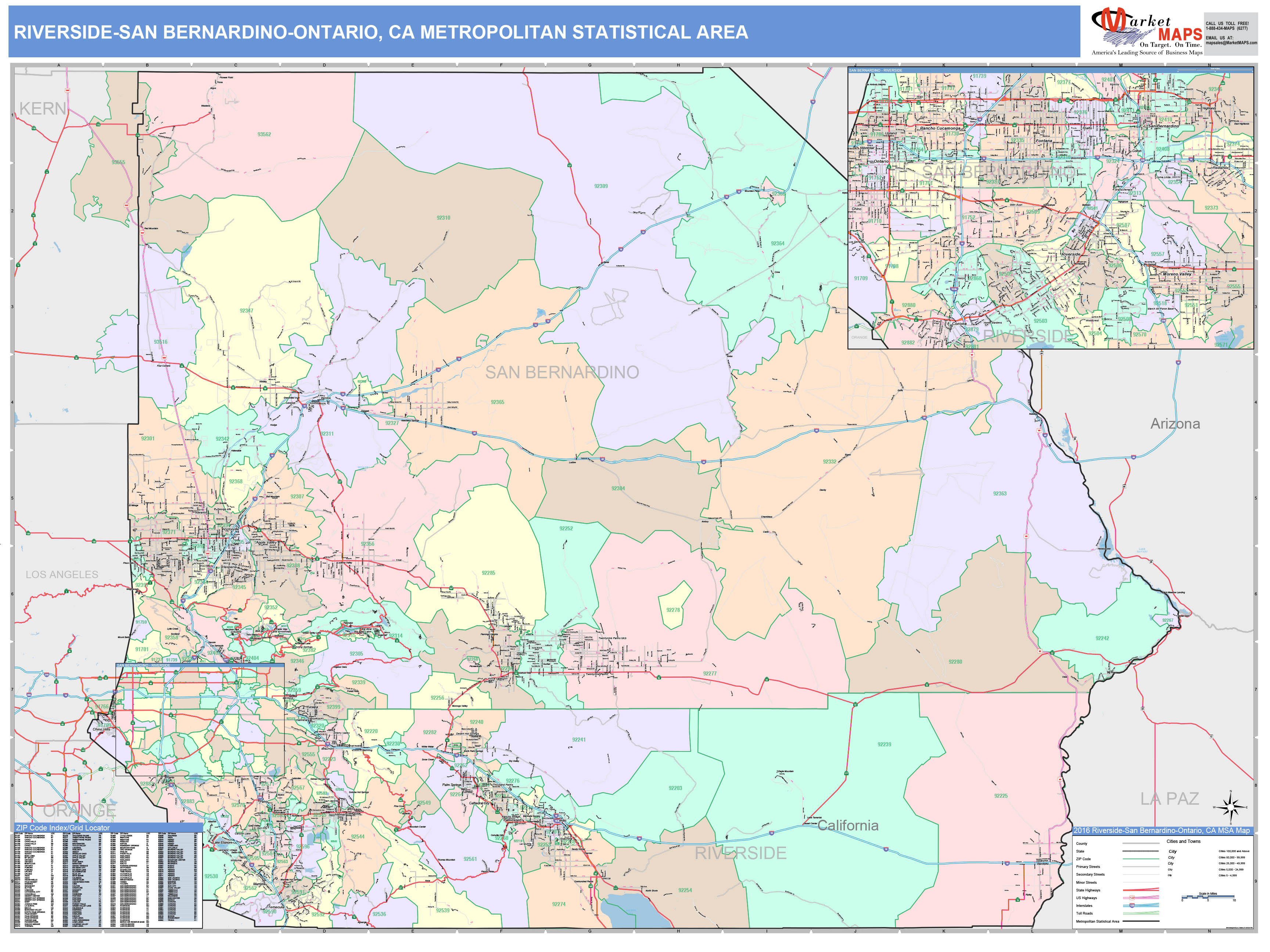 Riverside-San Bernardino-Ontario, CA Metro Area Wall Map Color Cast ...