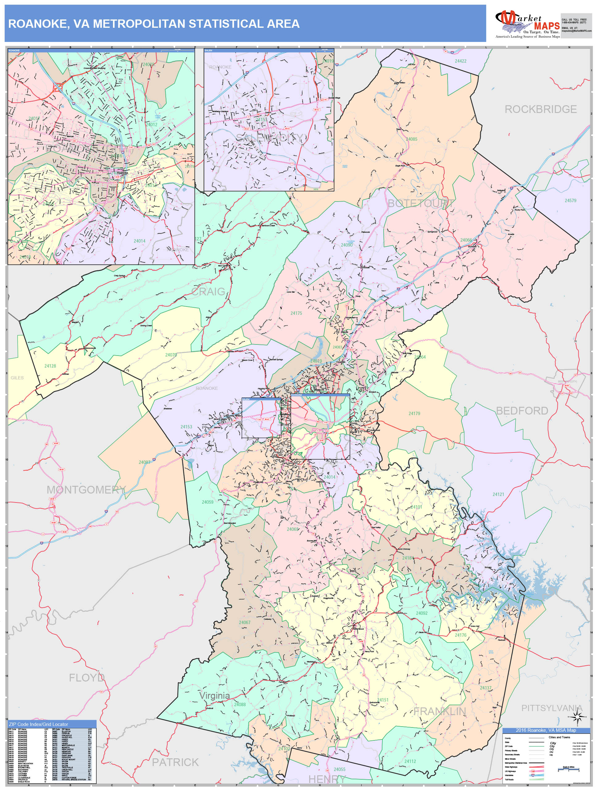 Roanoke, VA Metro Area Wall Map Color Cast Style by MarketMAPS ...