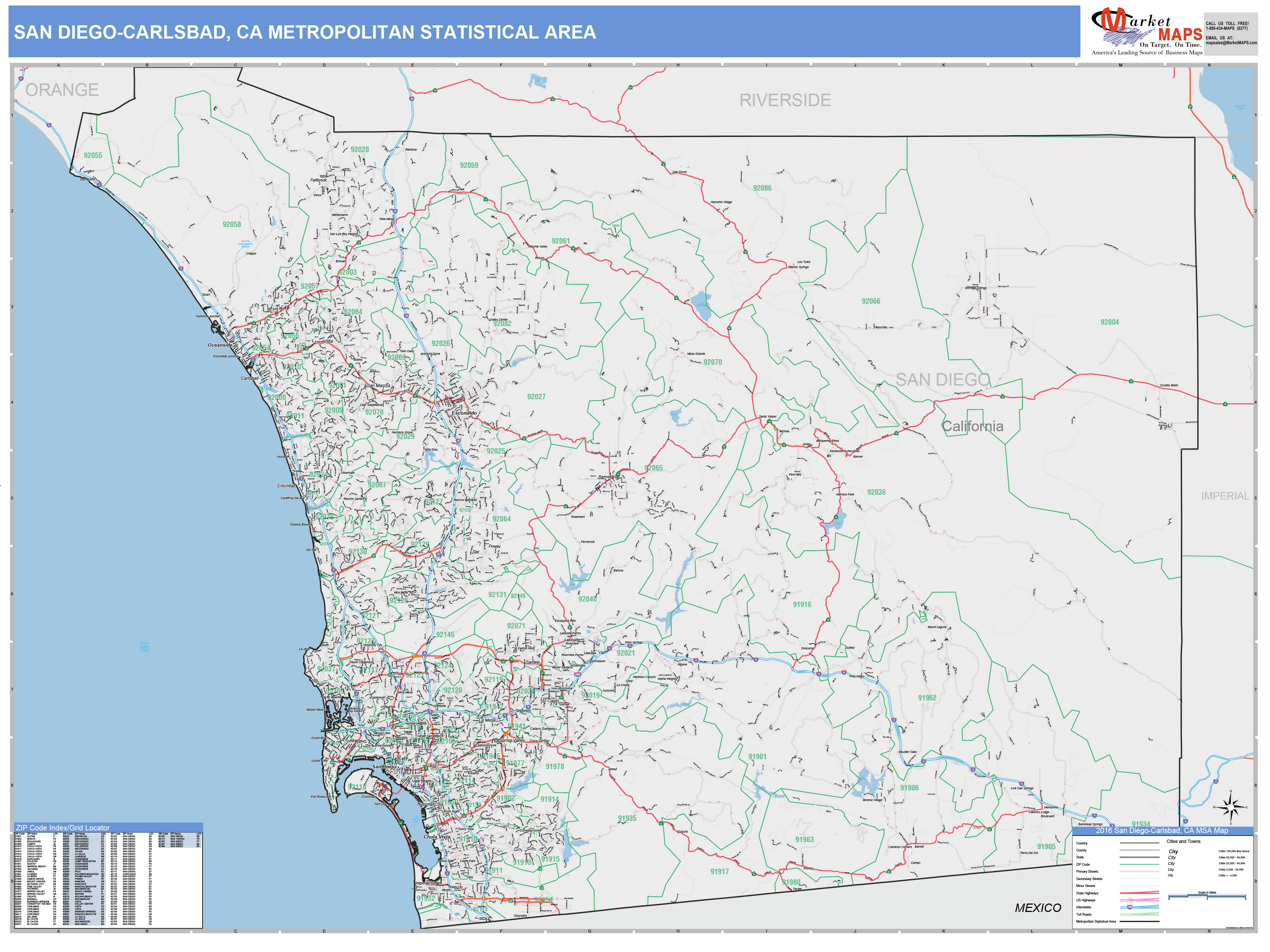 San Diego-Carlsbad, CA Metro Area Wall Map Color Cast Style by MarketMAPS