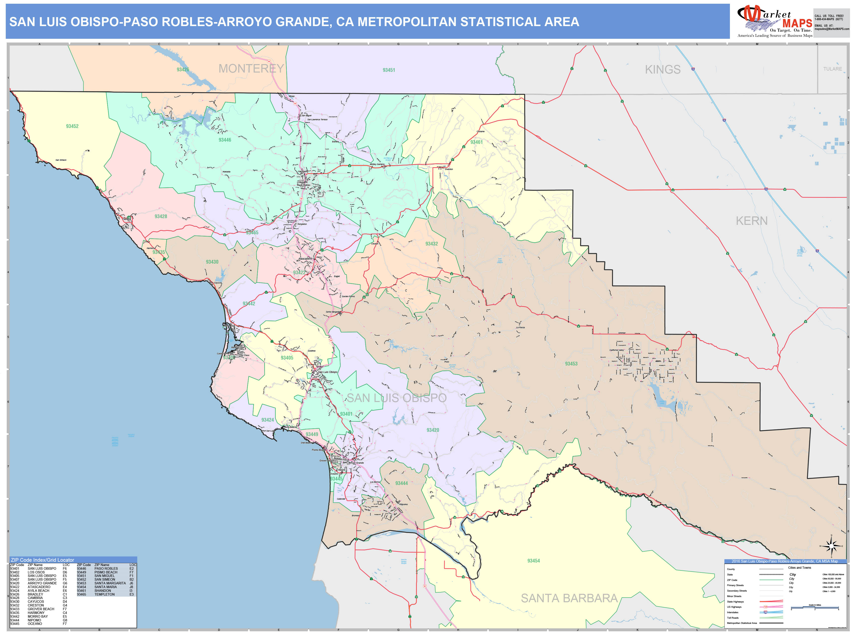 San Luis Obispo-Paso Robles-Arroyo Grande, CA Metro Area Wall Map Color ...