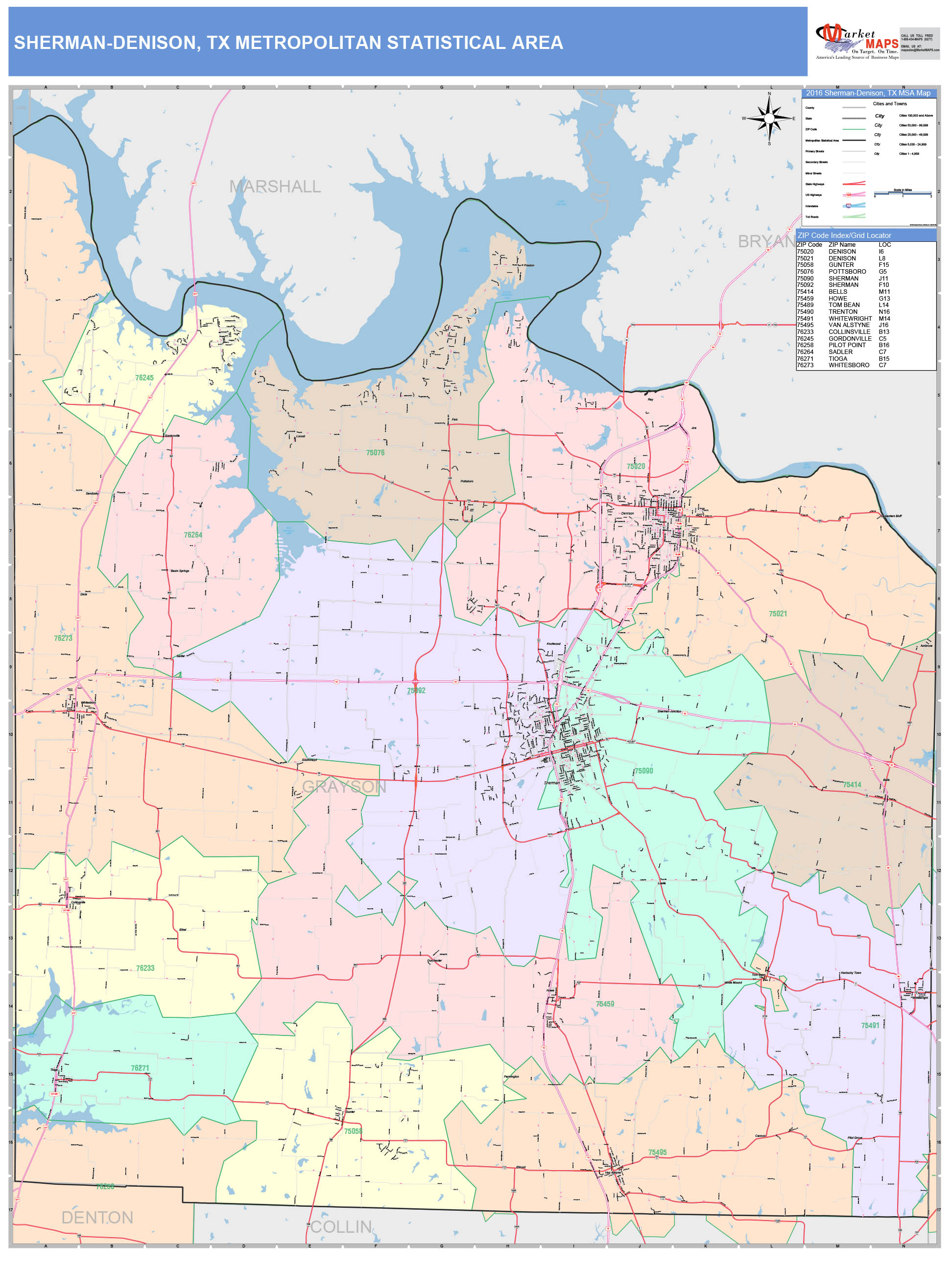 Sherman Denison Tx Metro Area Wall Map Color Cast Style By Marketmaps Mapsales 2254