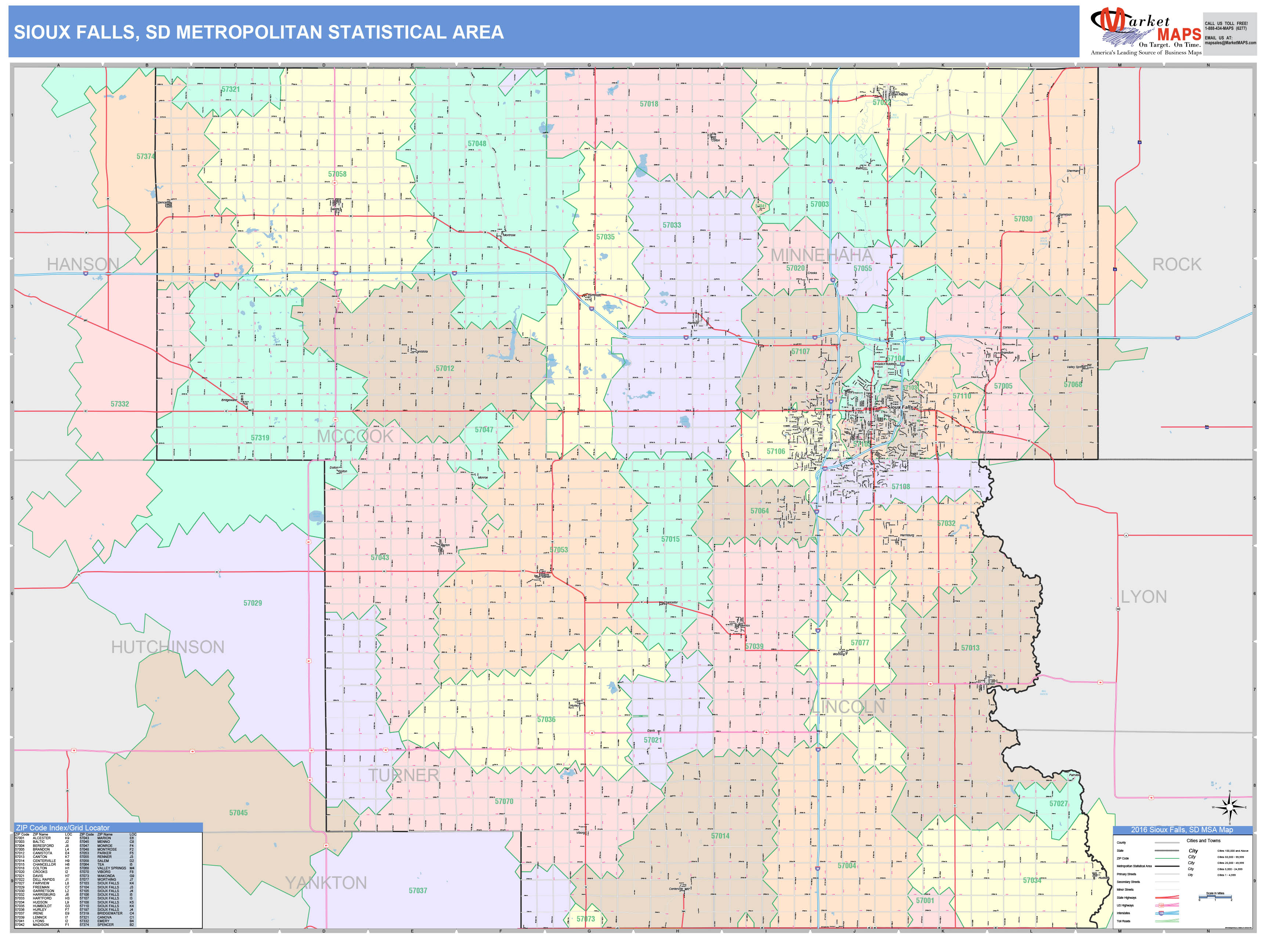 Sioux Falls, SD Metro Area Wall Map Color Cast Style by MarketMAPS