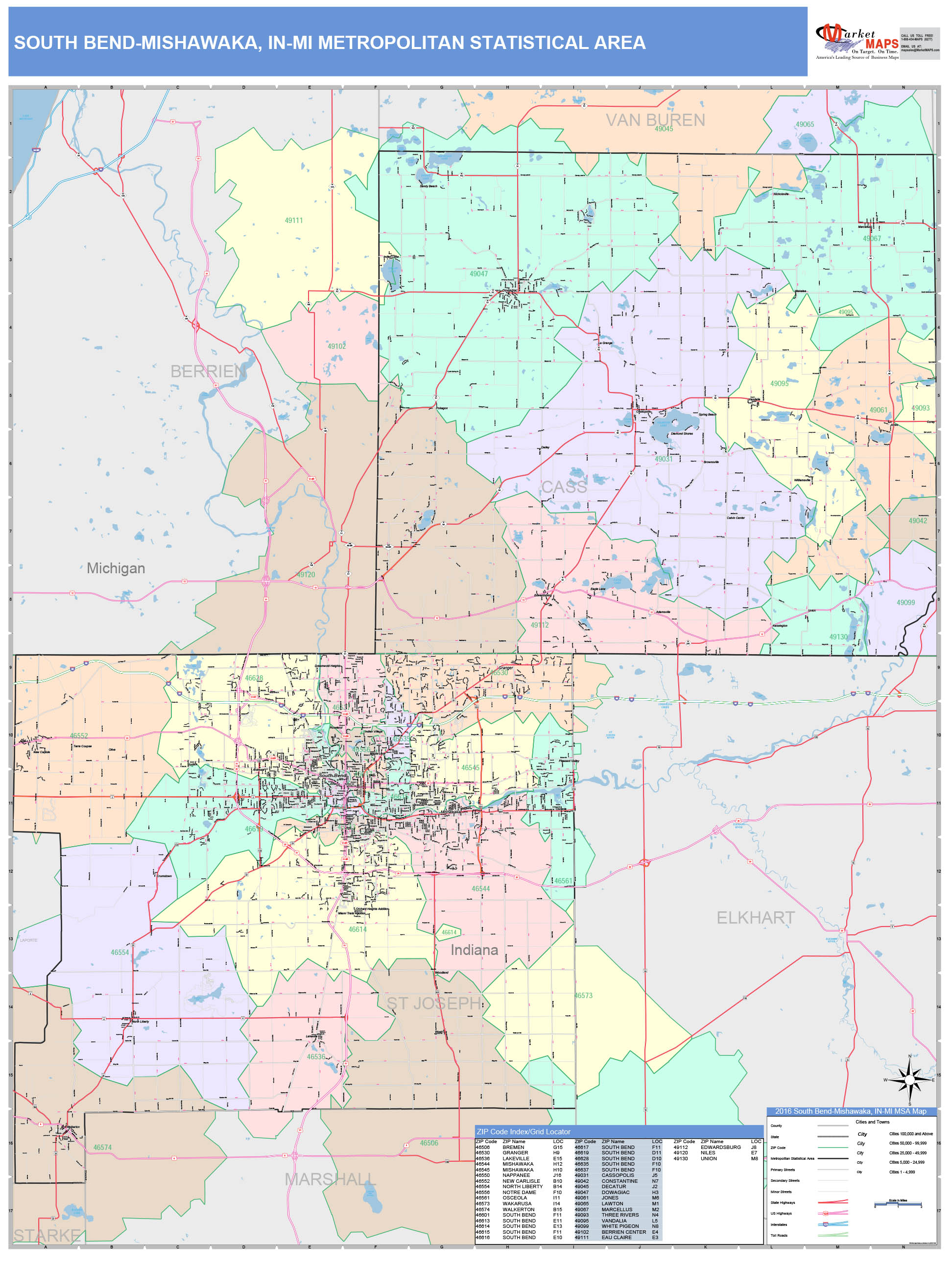 South Bend-Mishawaka, IN Metro Area Wall Map Color Cast Style by MarketMAPS