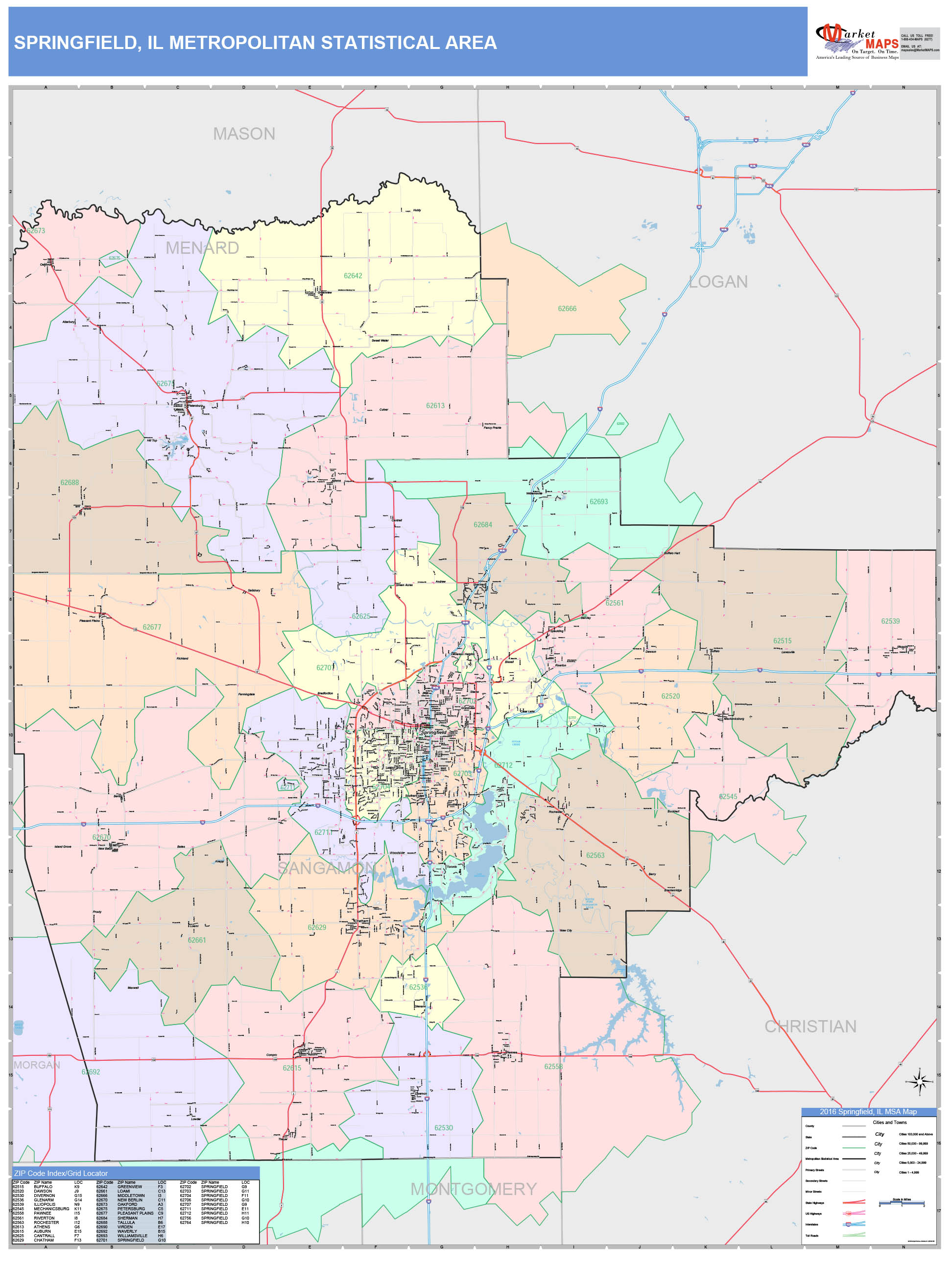 Springfield, IL Metro Area Wall Map Color Cast Style by MarketMAPS ...