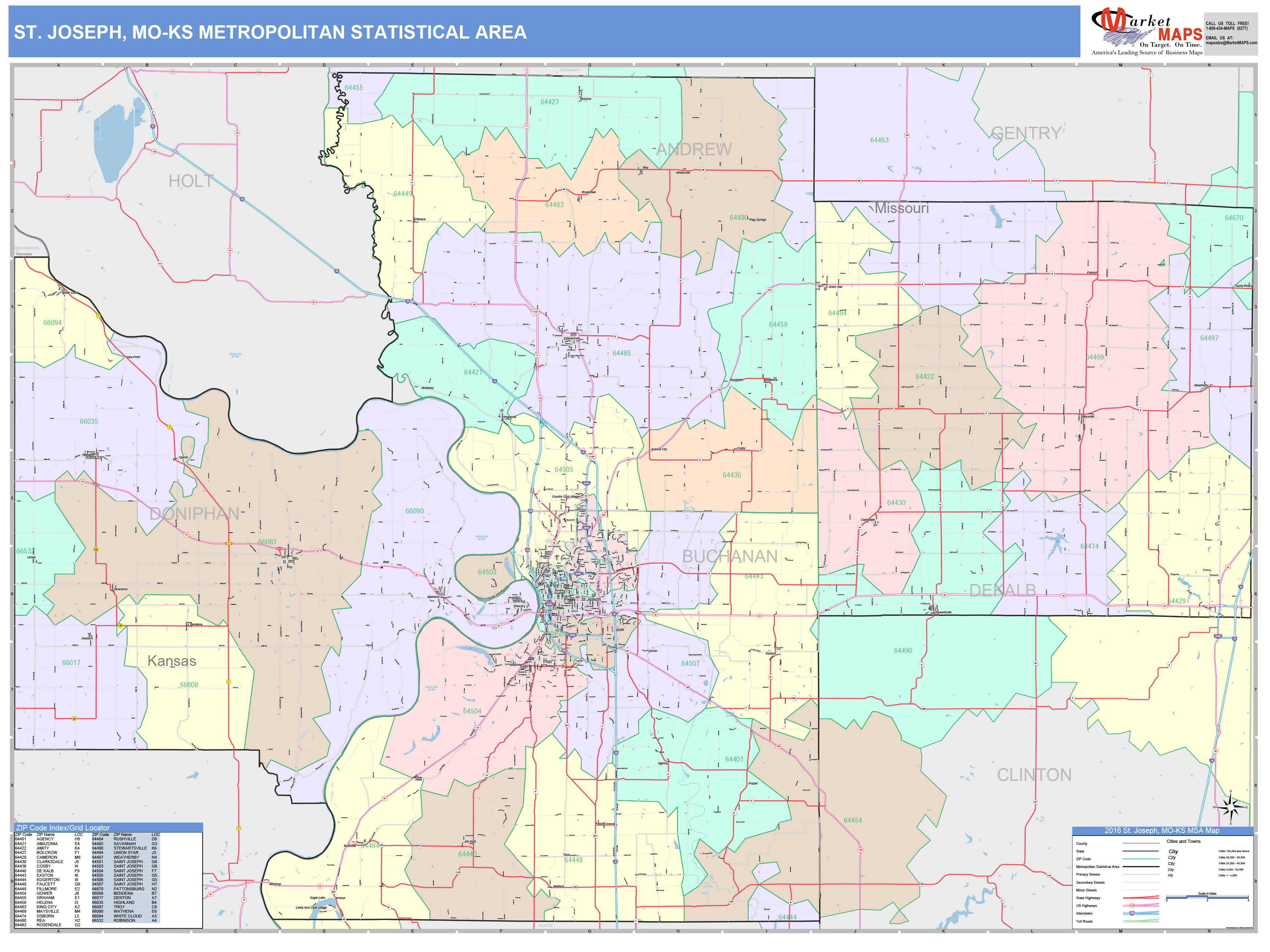 St. Joseph, MO Metro Area Wall Map Color Cast Style by MarketMAPS ...