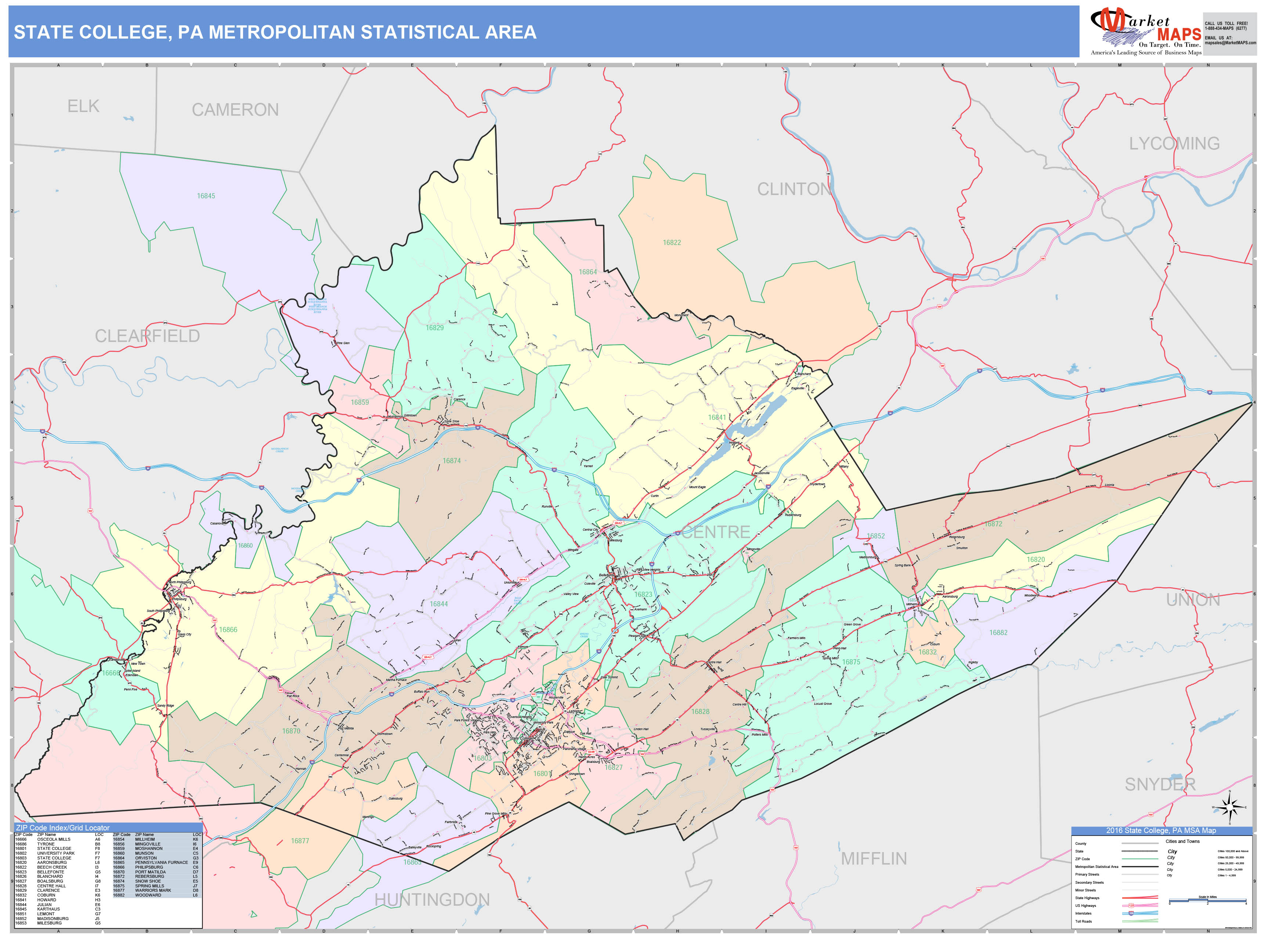 State College, PA Metro Area Wall Map Color Cast Style by MarketMAPS