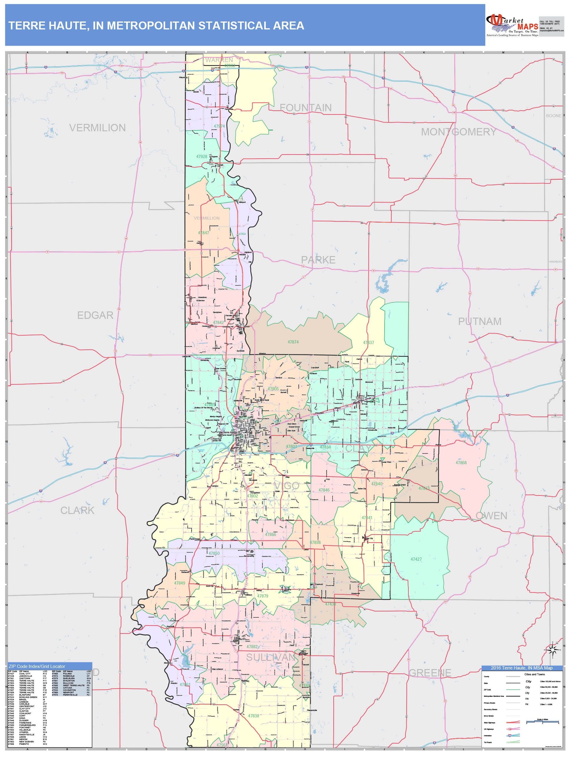 Terre Haute, IN Metro Area Wall Map Color Cast Style by MarketMAPS ...