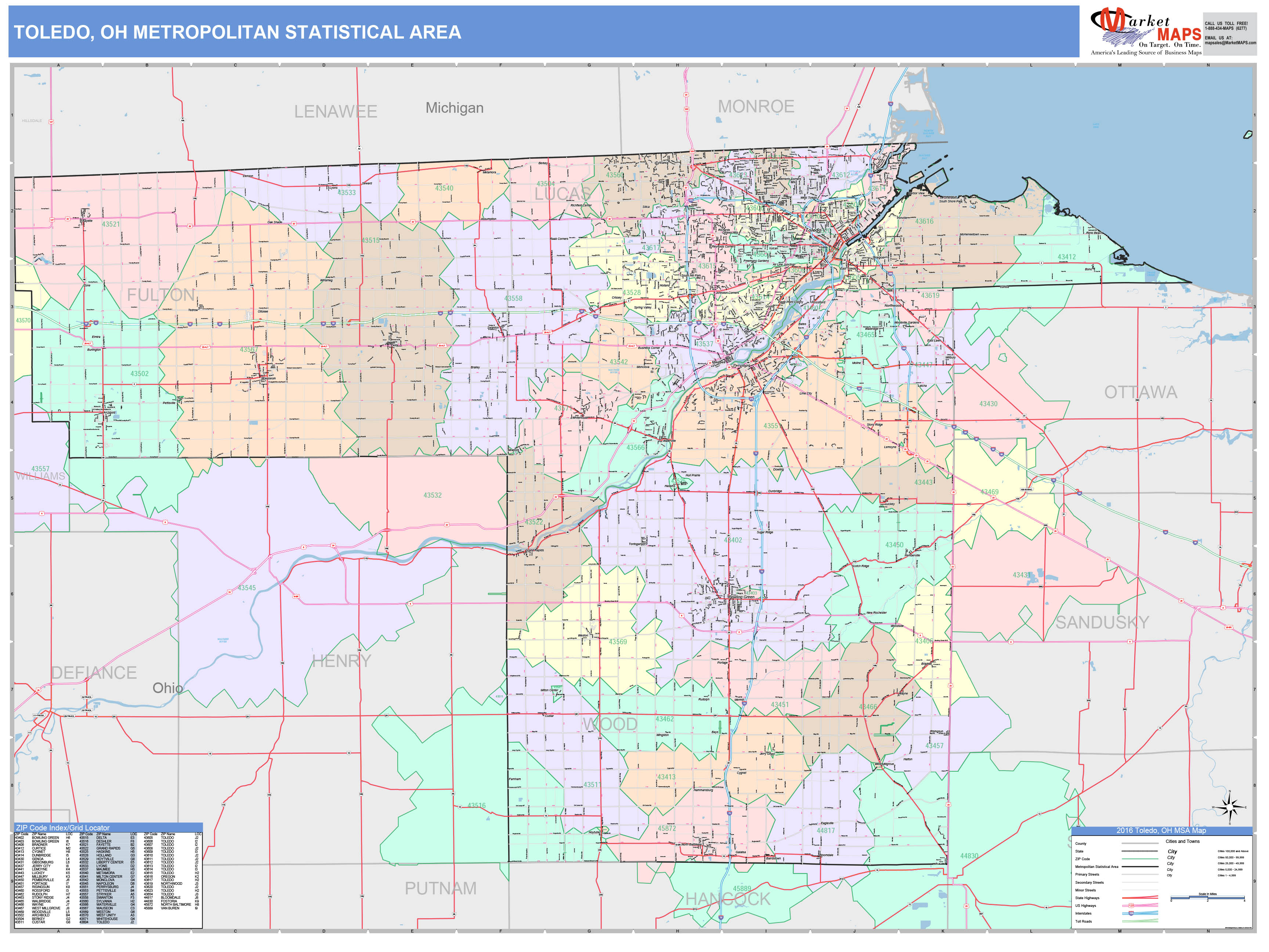 Toledo, OH Metro Area Wall Map Color Cast Style by MarketMAPS - MapSales