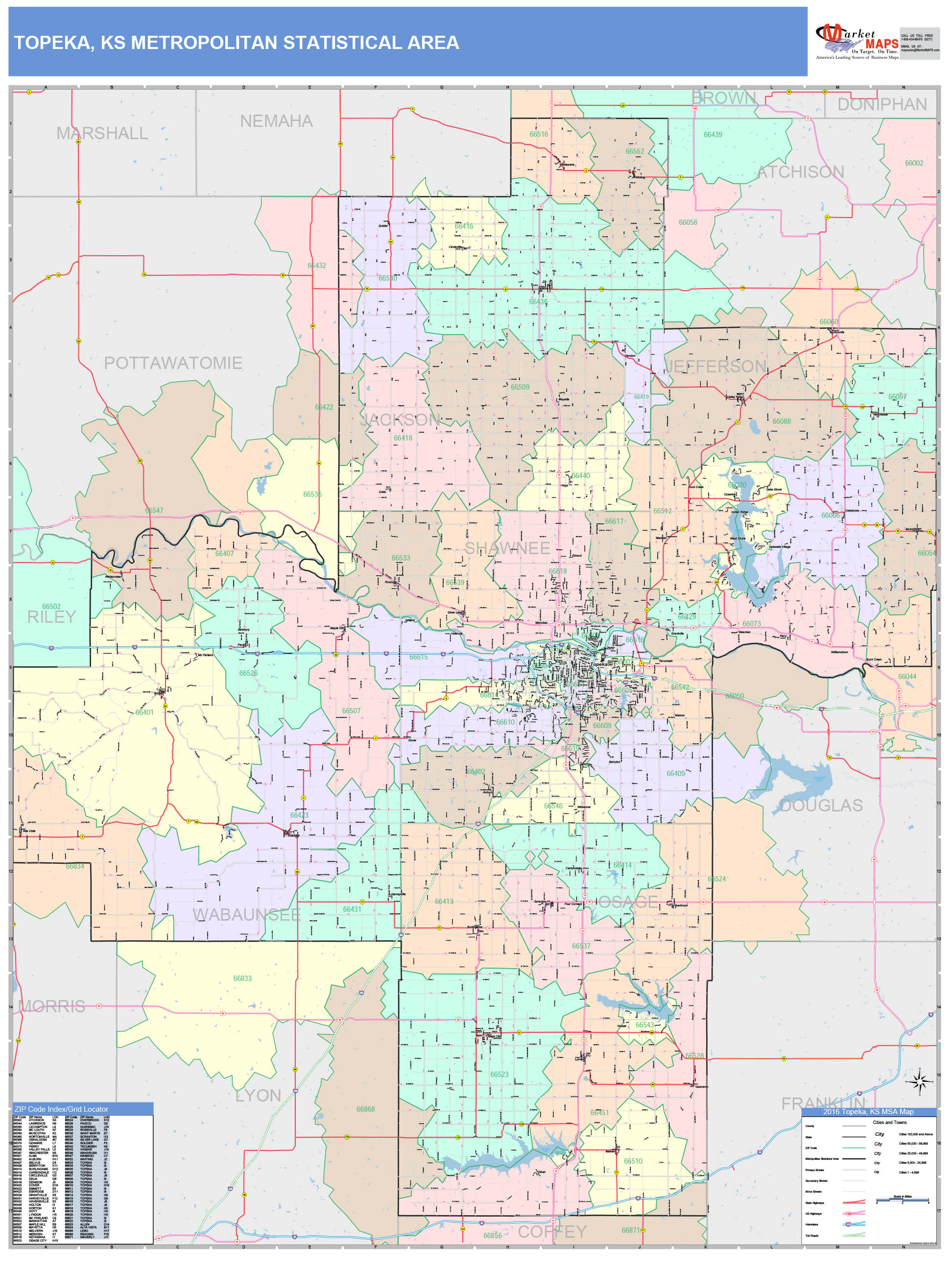 Topeka, KS Metro Area Wall Map Color Cast Style by MarketMAPS - MapSales