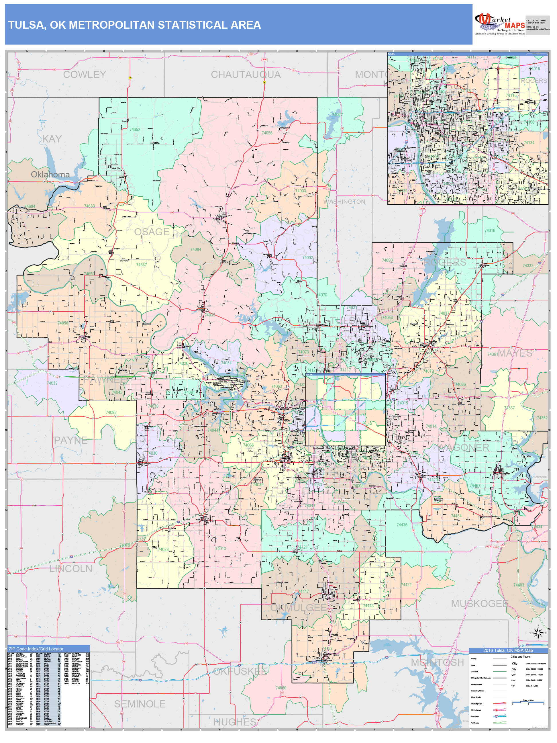 Tulsa, OK Metro Area Wall Map Color Cast Style by MarketMAPS MapSales