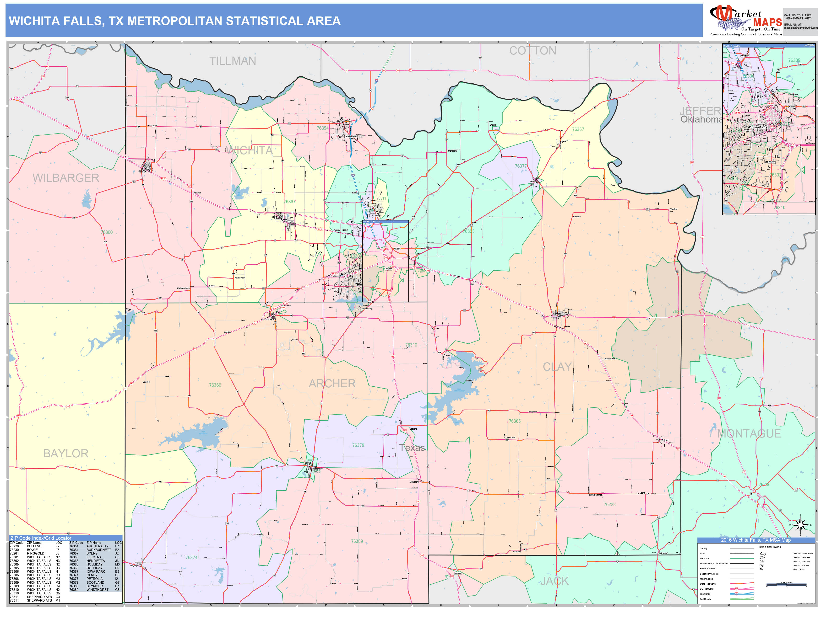 Wichita Falls, TX Metro Area Wall Map Color Cast Style by MarketMAPS