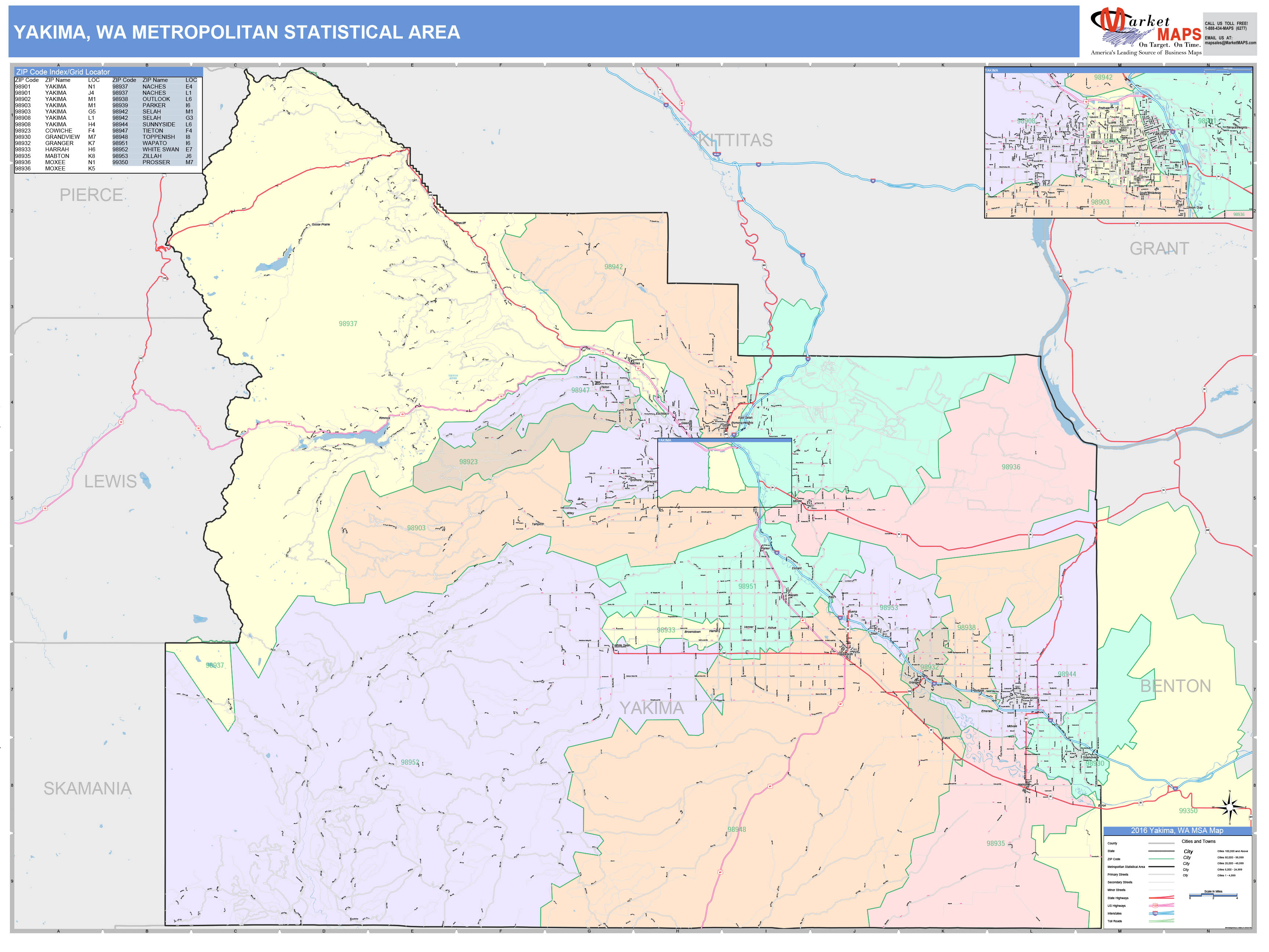 Yakima Wa Metro Area Wall Map Color Cast Style By Marketmaps 4646