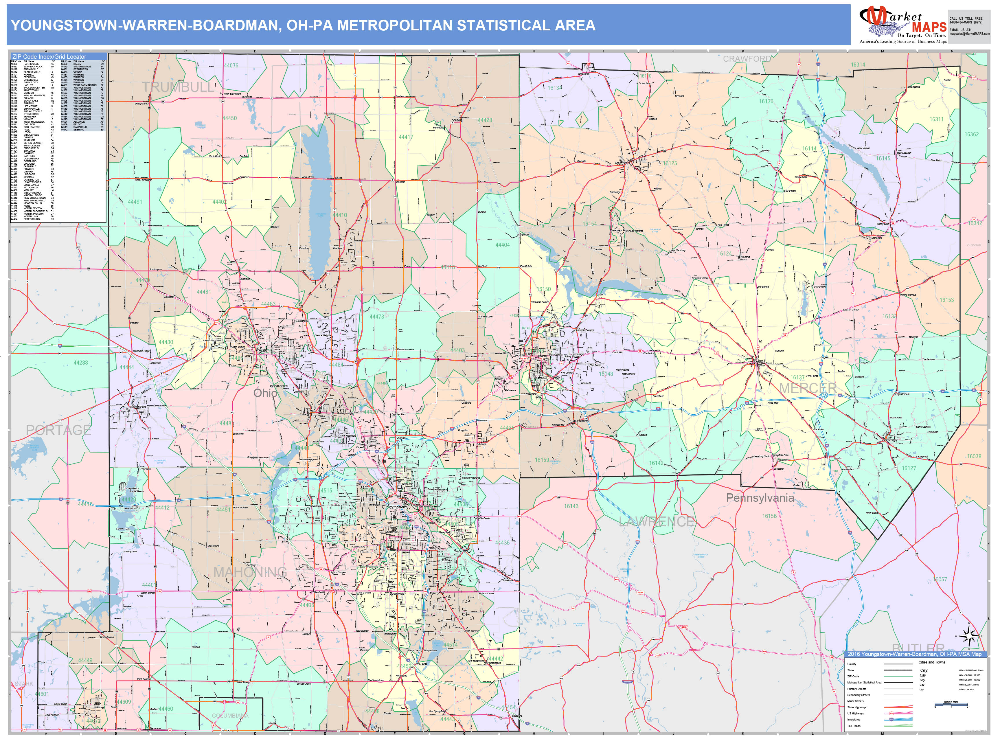 Youngstown-Warren-Boardman, OH Metro Area Wall Map Color Cast Style by ...