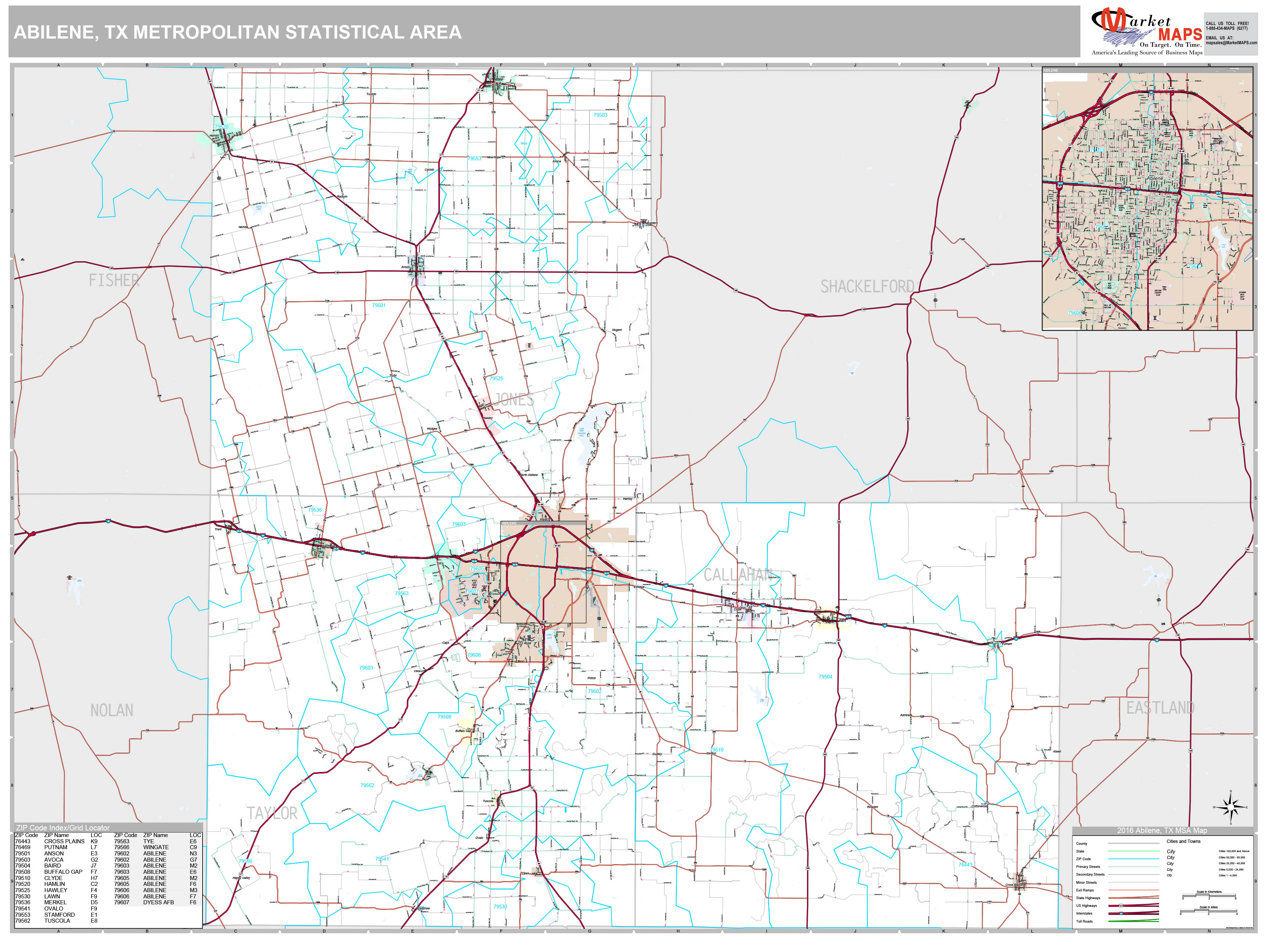 Abilene, TX Metro Area Wall Map Premium Style by MarketMAPS MapSales