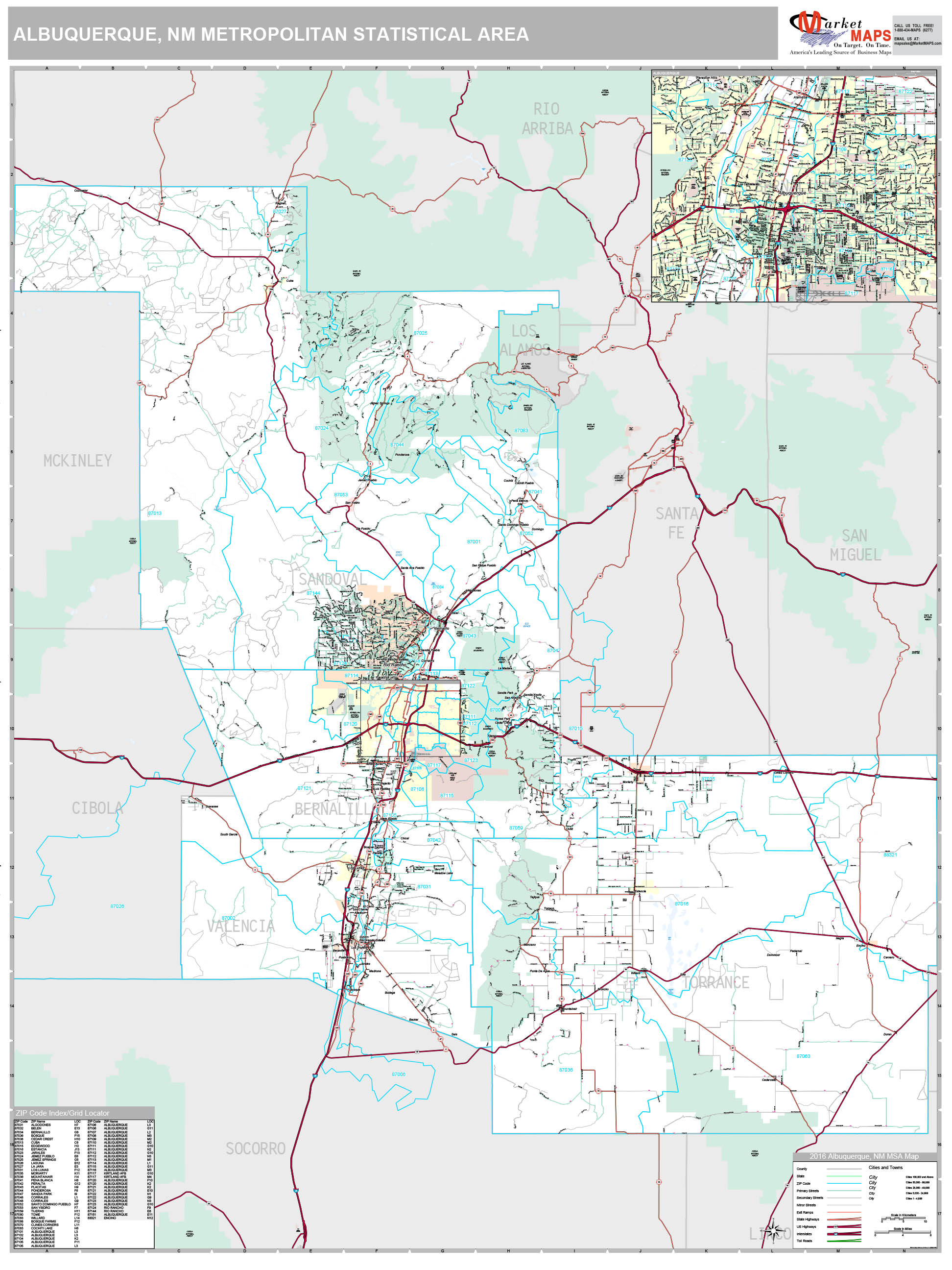 Albuquerque, NM Metro Area Wall Map Premium Style by MarketMAPS MapSales