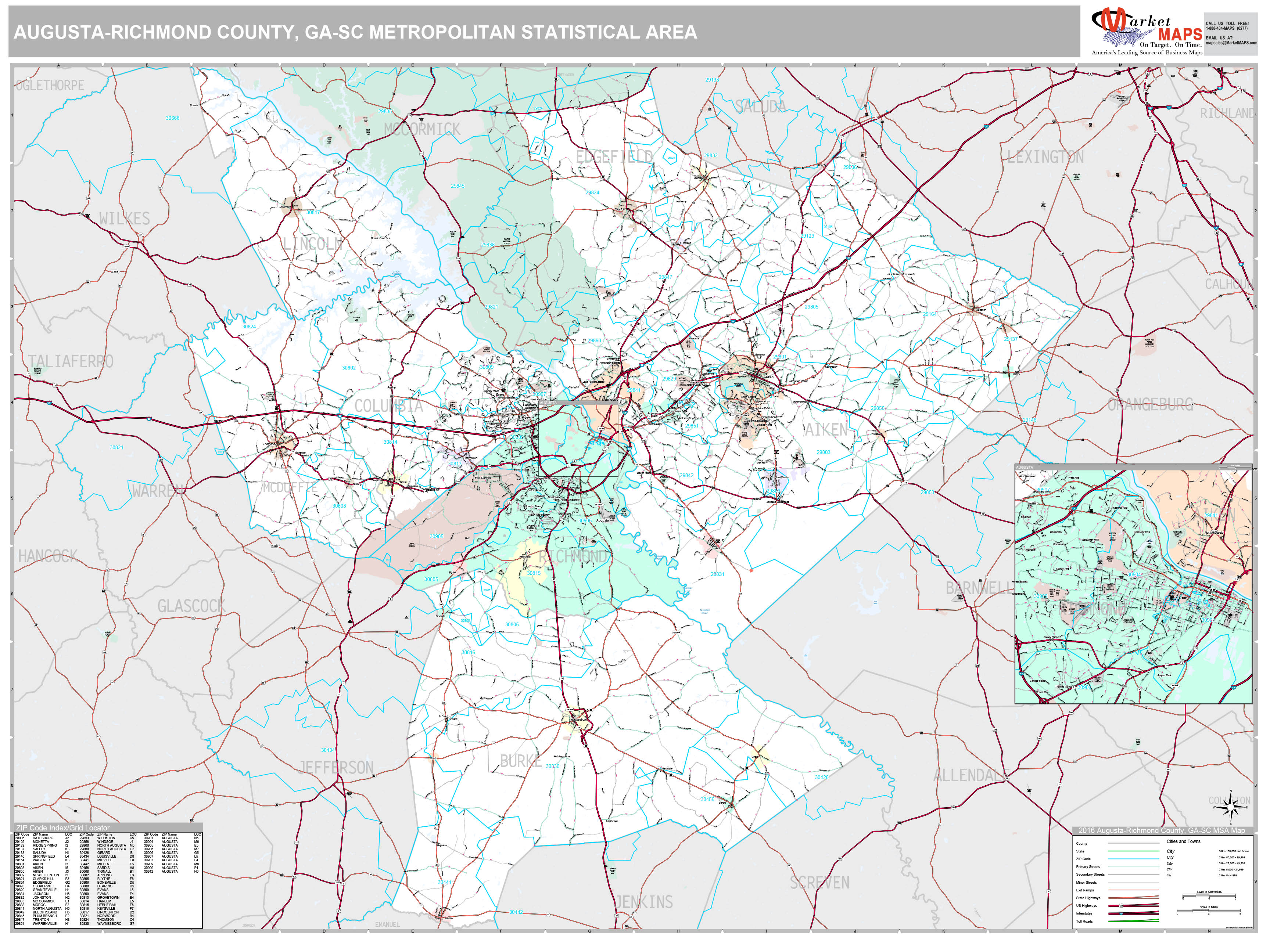 Augusta Richmond County Ga Metro Area Wall Map Premium Style By Marketmaps 1639