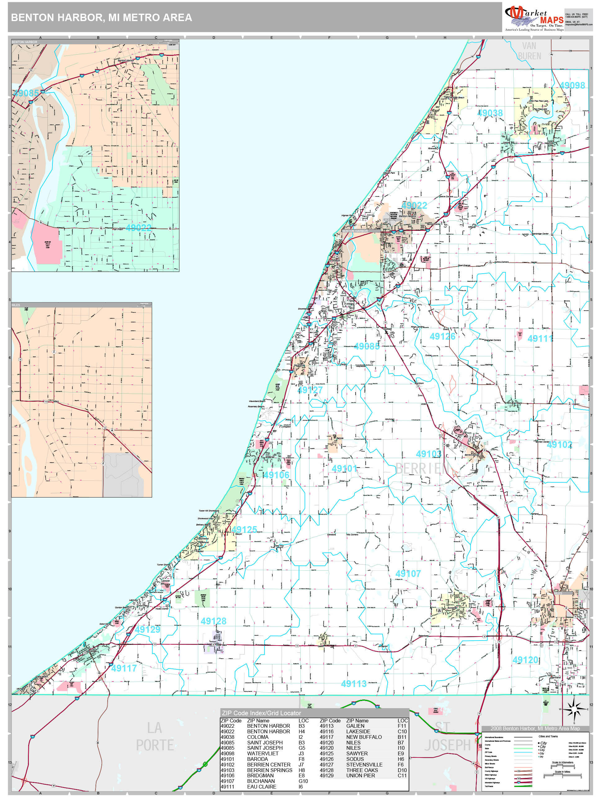 Benton Harbor, MI Metro Area Wall Map Premium Style by MarketMAPS