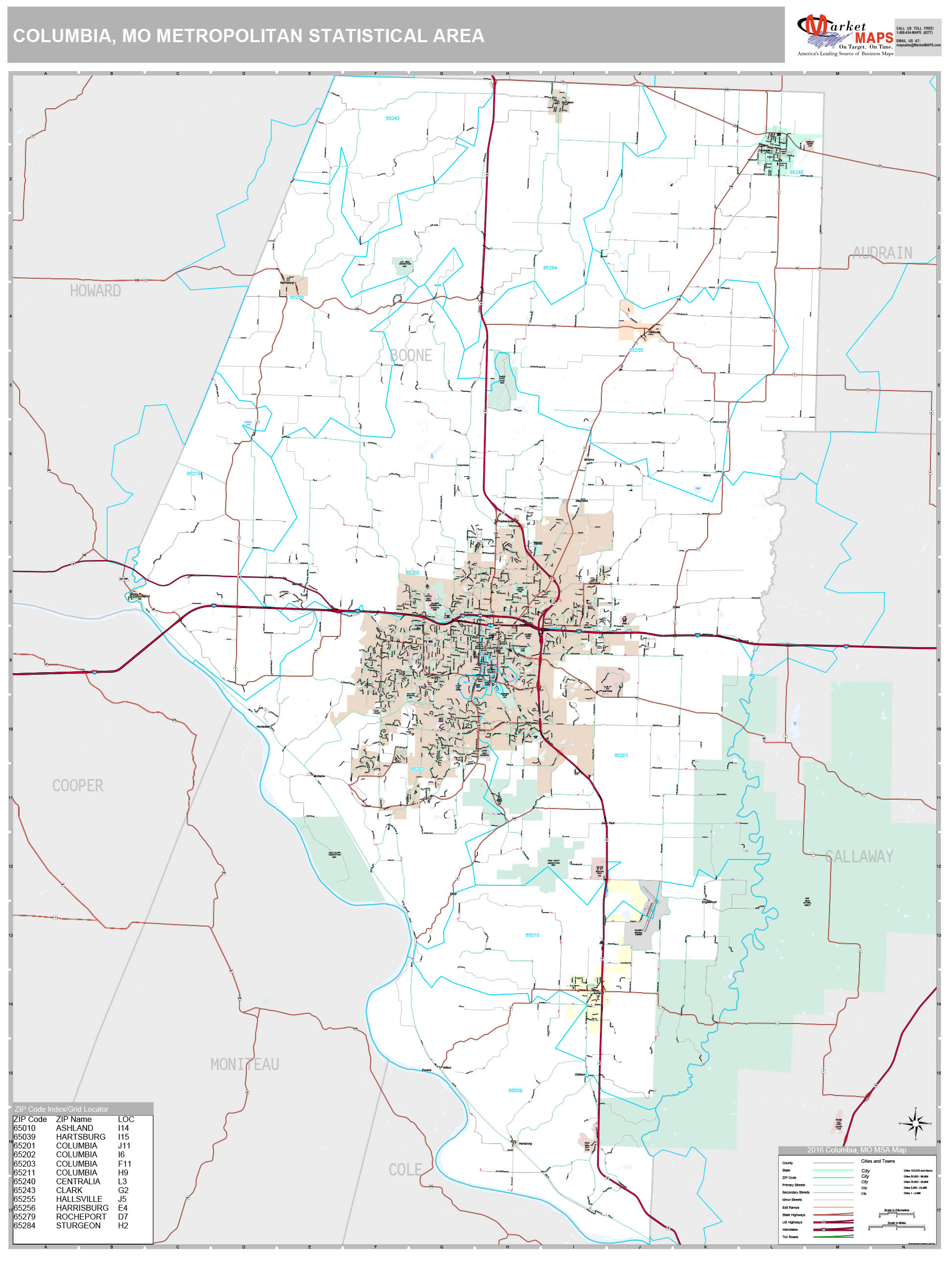 Columbia, MO Metro Area Wall Map Premium Style by MarketMAPS - MapSales