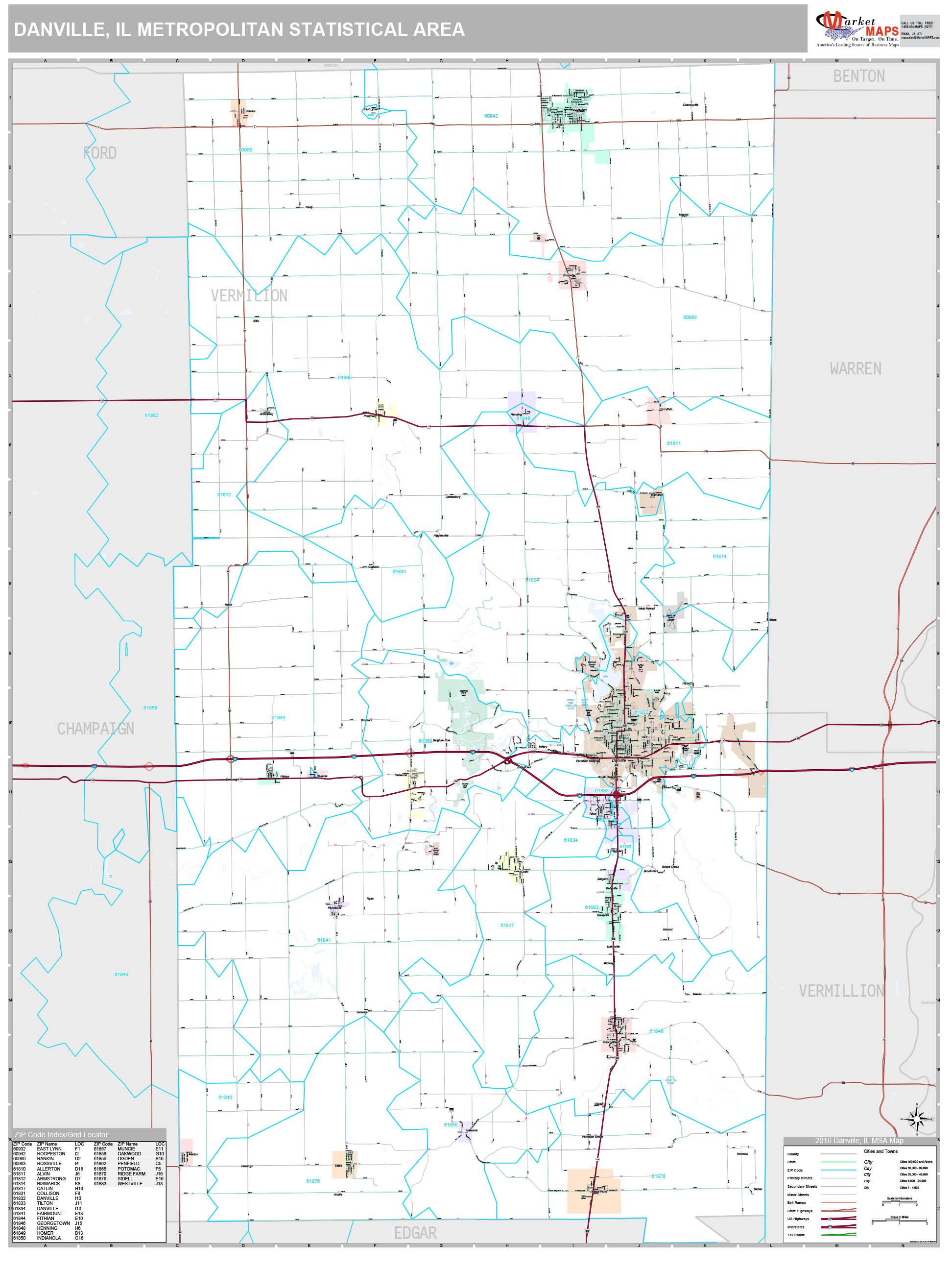 Danville, IL Metro Area Wall Map Premium Style by MarketMAPS