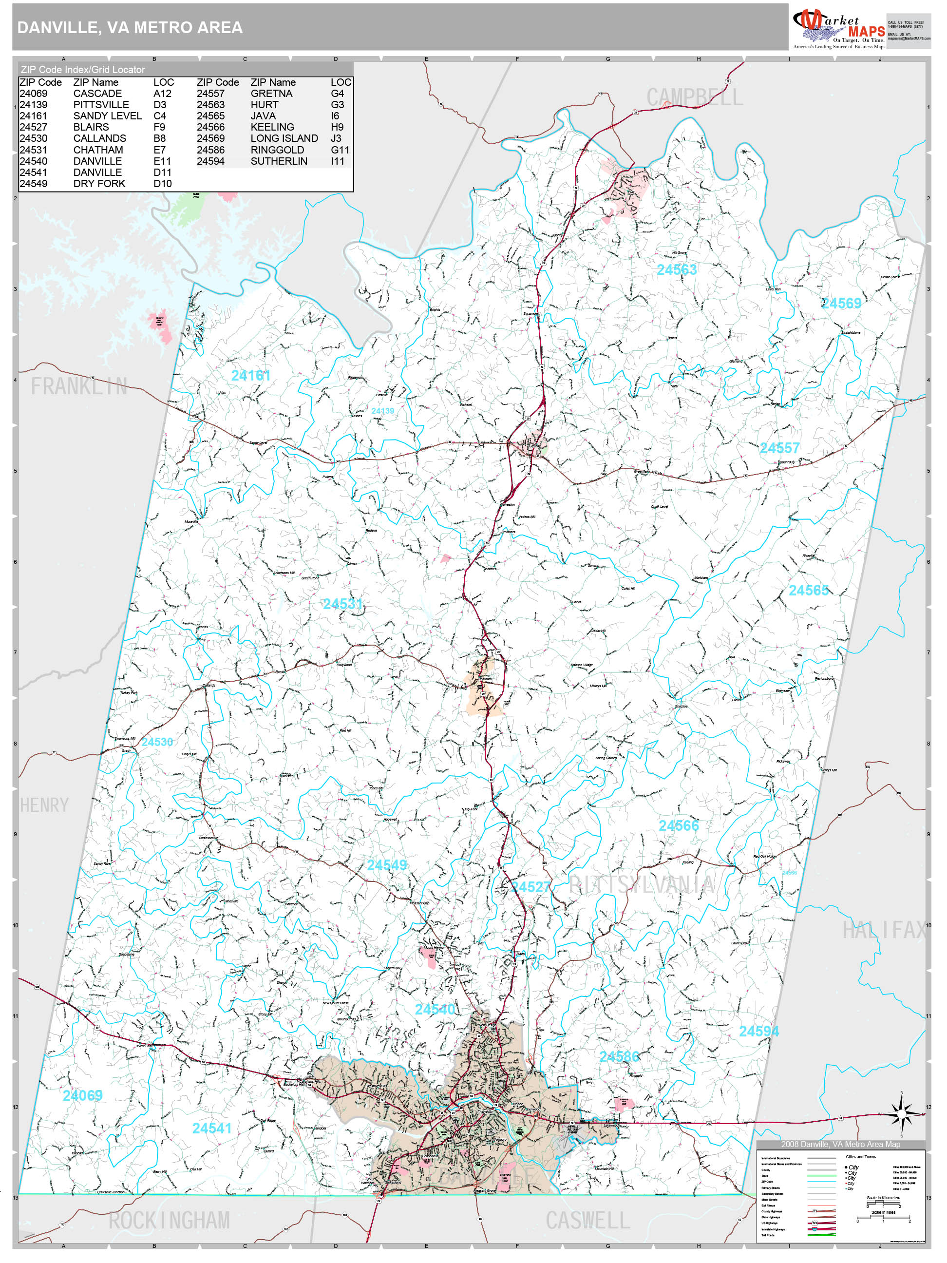 Danville, VA Metro Area Wall Map Premium Style By MarketMAPS - MapSales