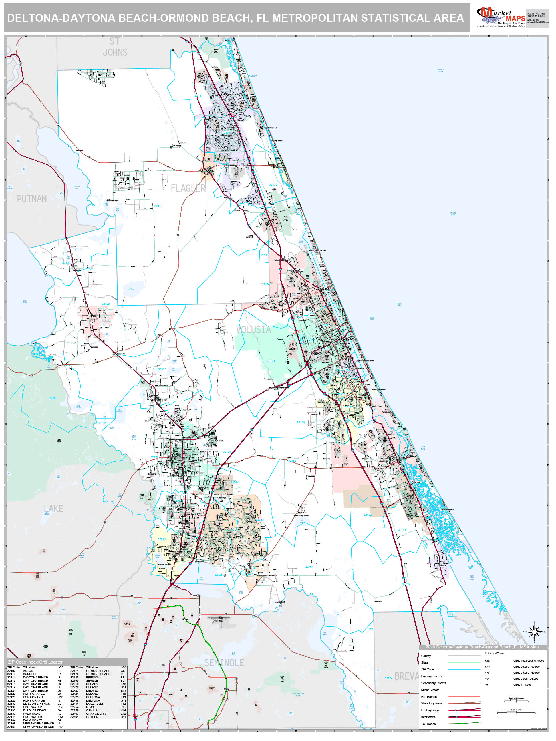 Deltona-Daytona Beach-Ormond Beach, FL Metro Area Wall Map Premium ...