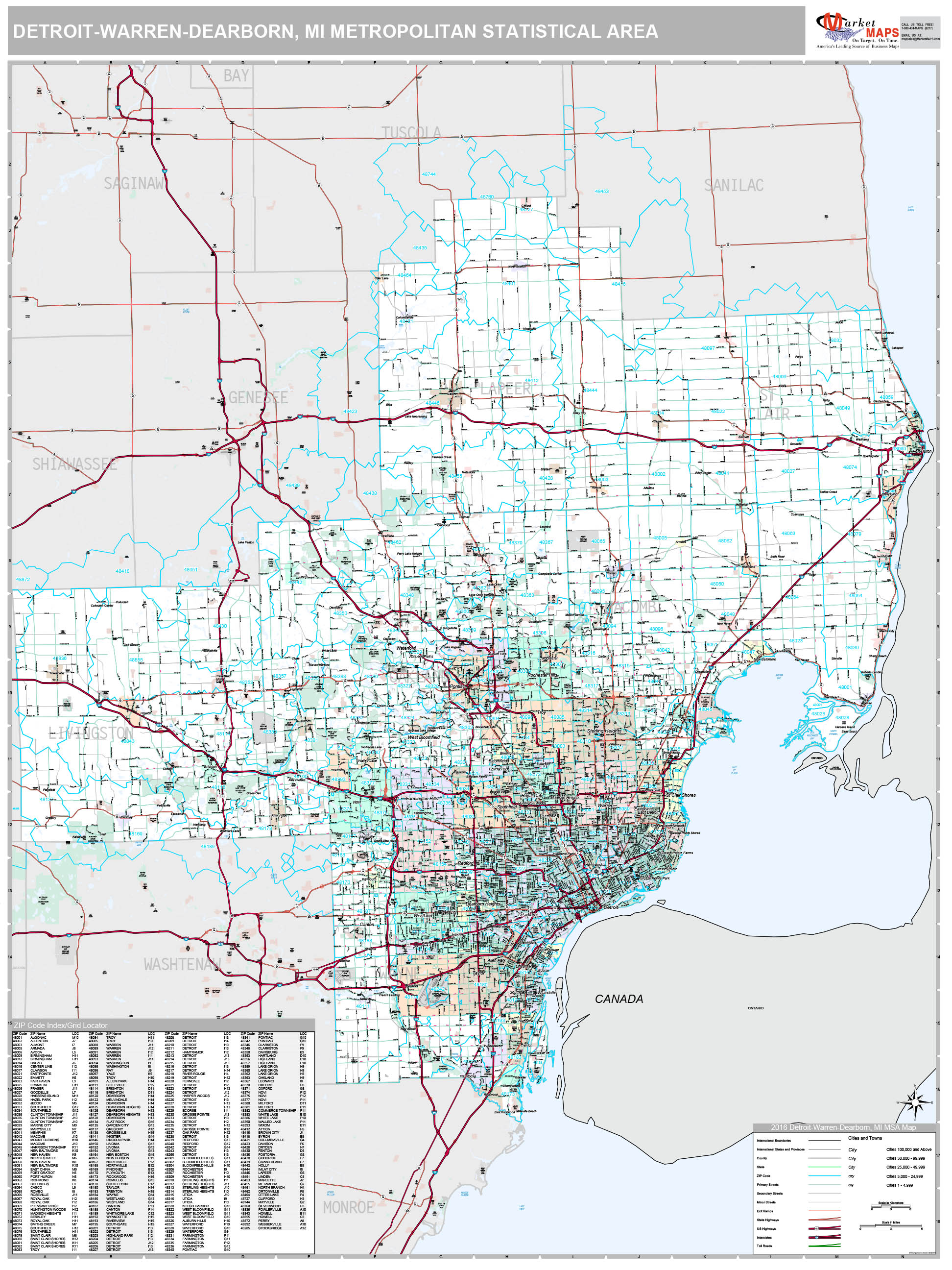 Detroit-Warren-Dearborn, MI Metro Area Wall Map Premium Style by ...