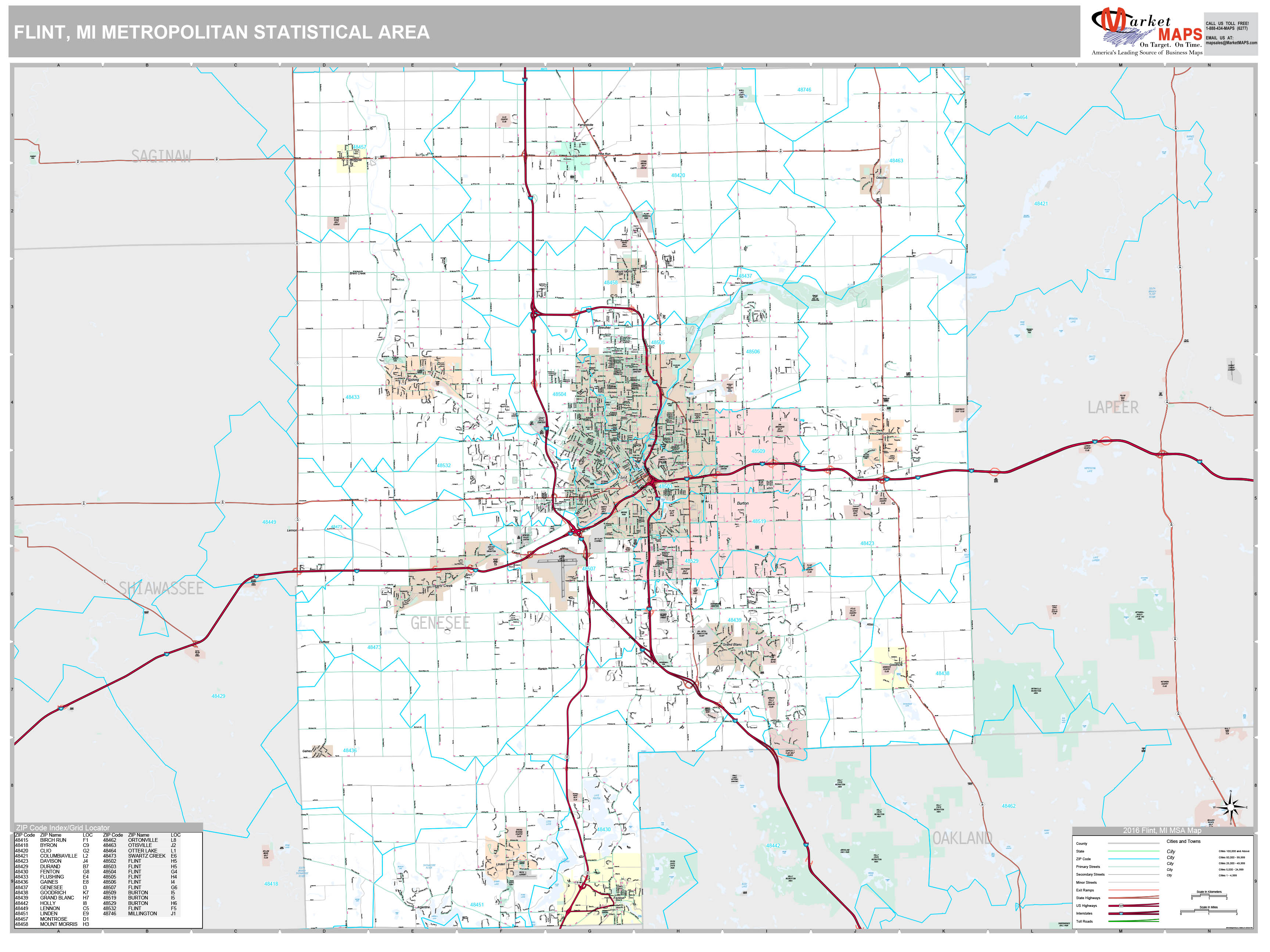 Flint, MI Metro Area Wall Map Premium Style by MarketMAPS