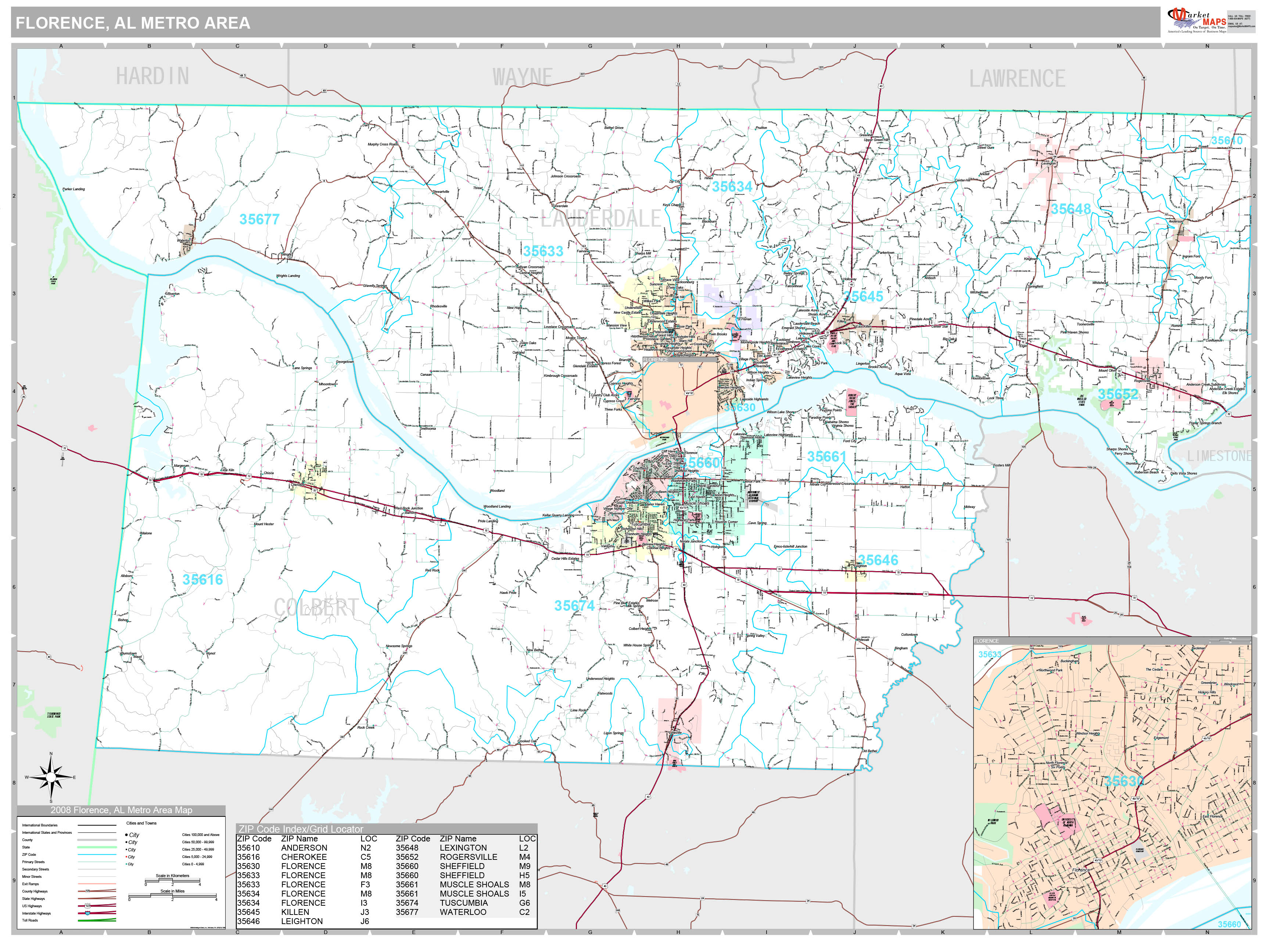 Florence-Muscle Shoals, AL Metro Area Wall Map Premium Style by ...