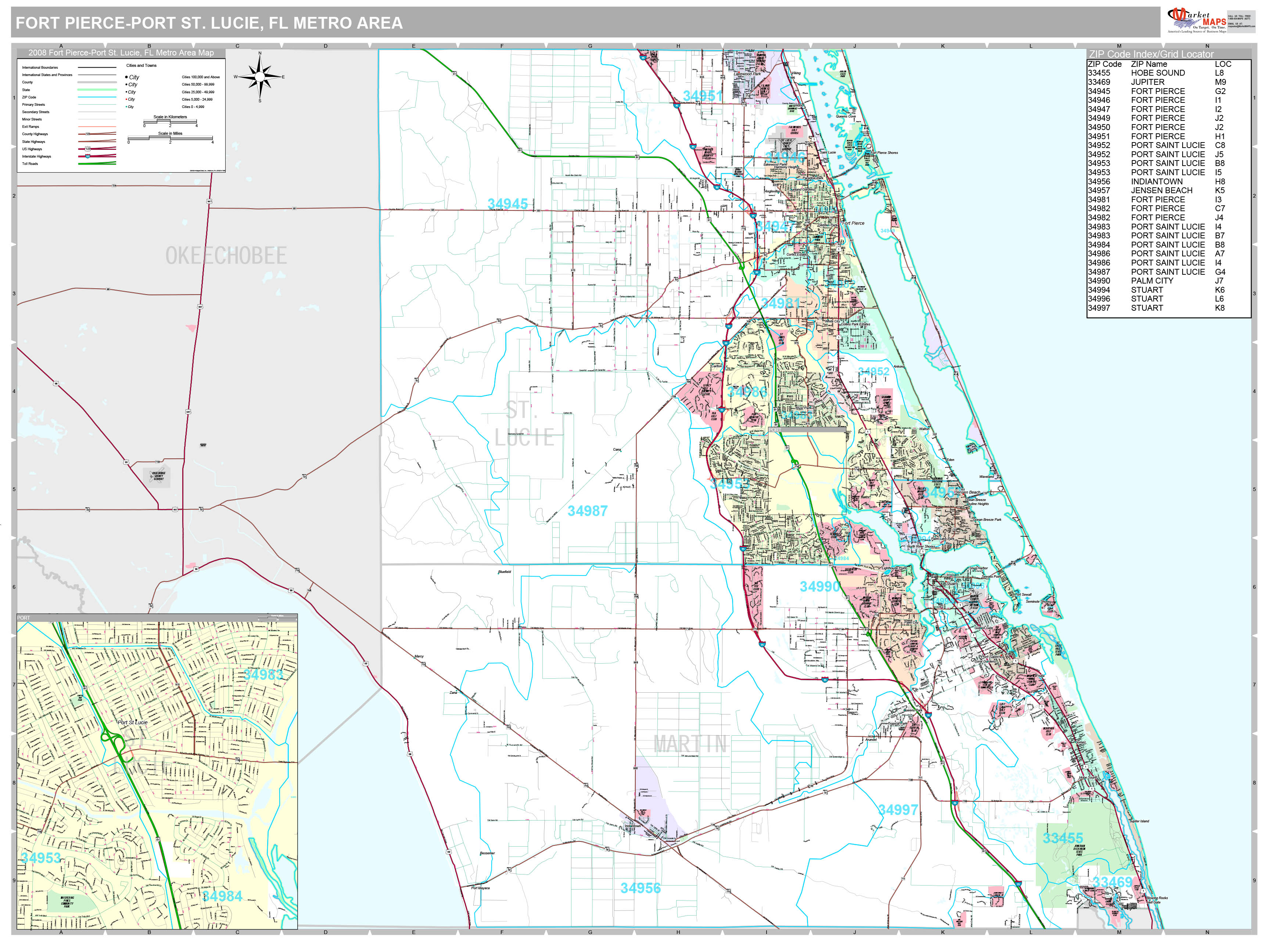 Fort PiercePort St. Lucie, FL Metro Area Wall Map Premium Style by