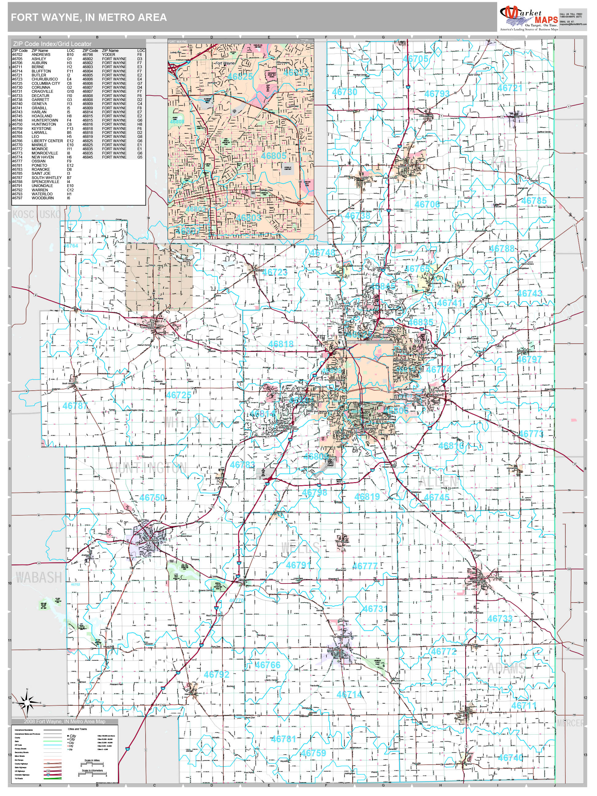 Fort Wayne, IN Metro Area Wall Map Premium Style by MarketMAPS