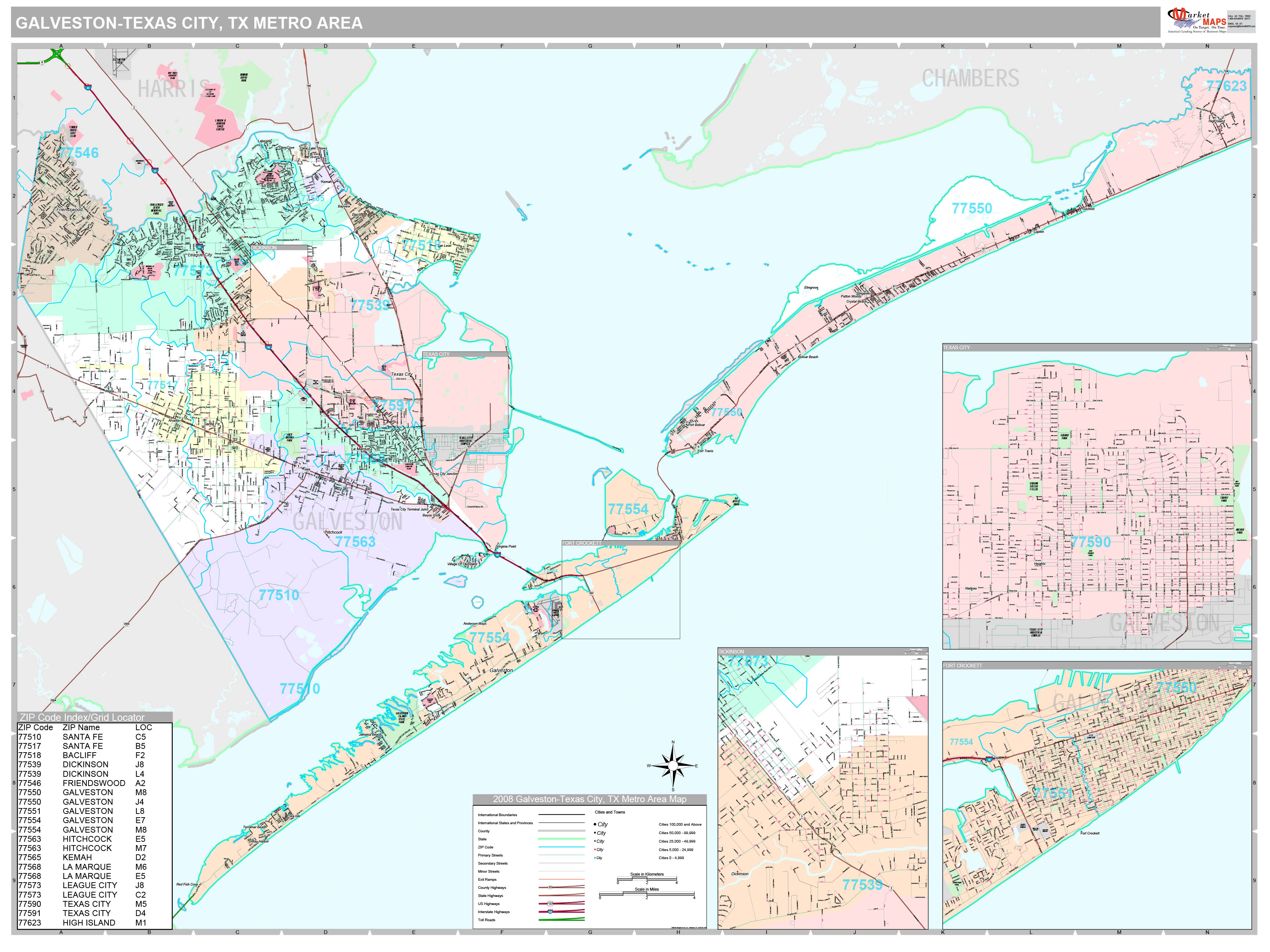 Galveston-Texas City, TX Metro Area Wall Map Premium Style by ...