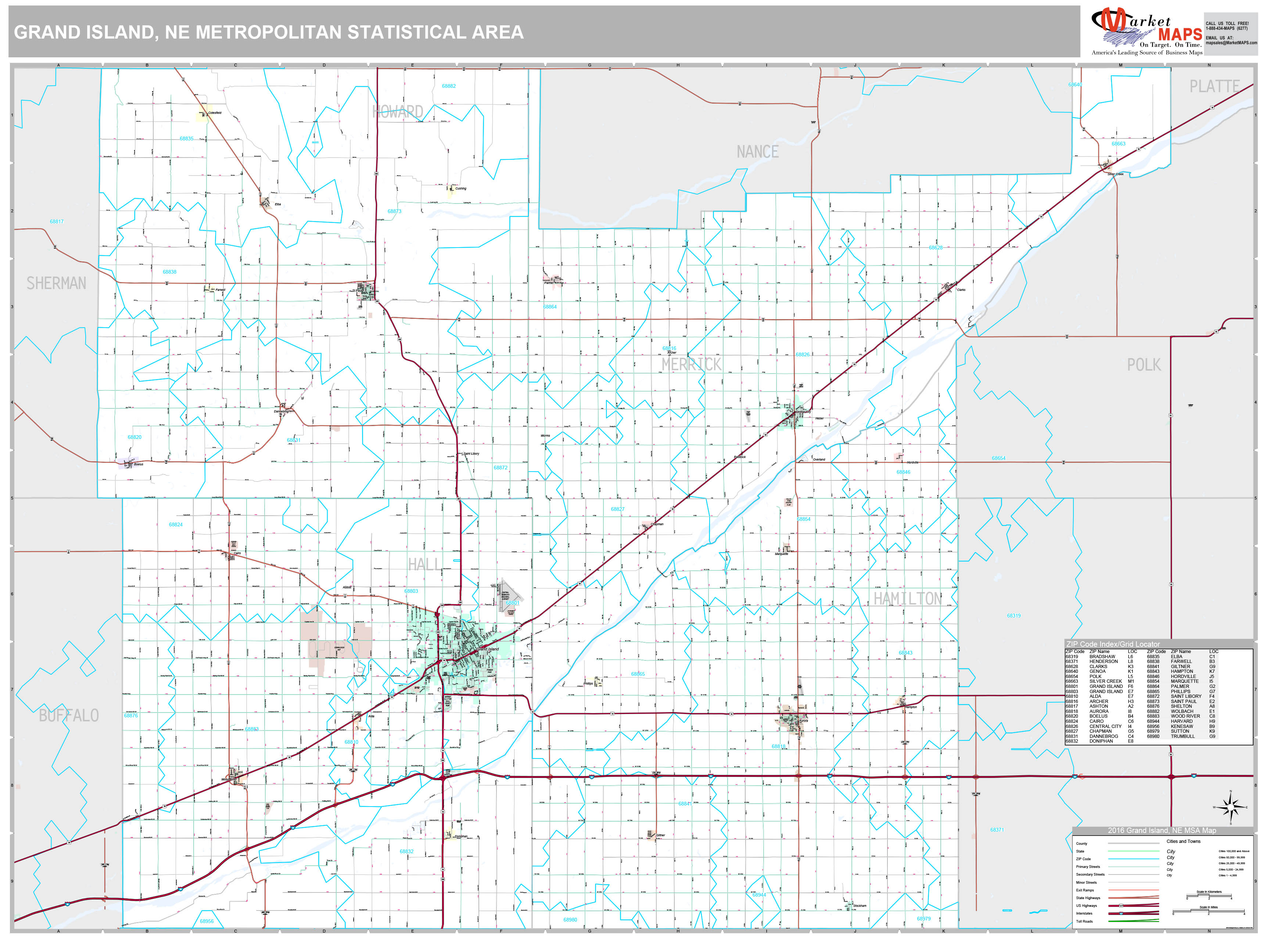 Grand Island, NE Metro Area Wall Map Premium Style by MarketMAPS