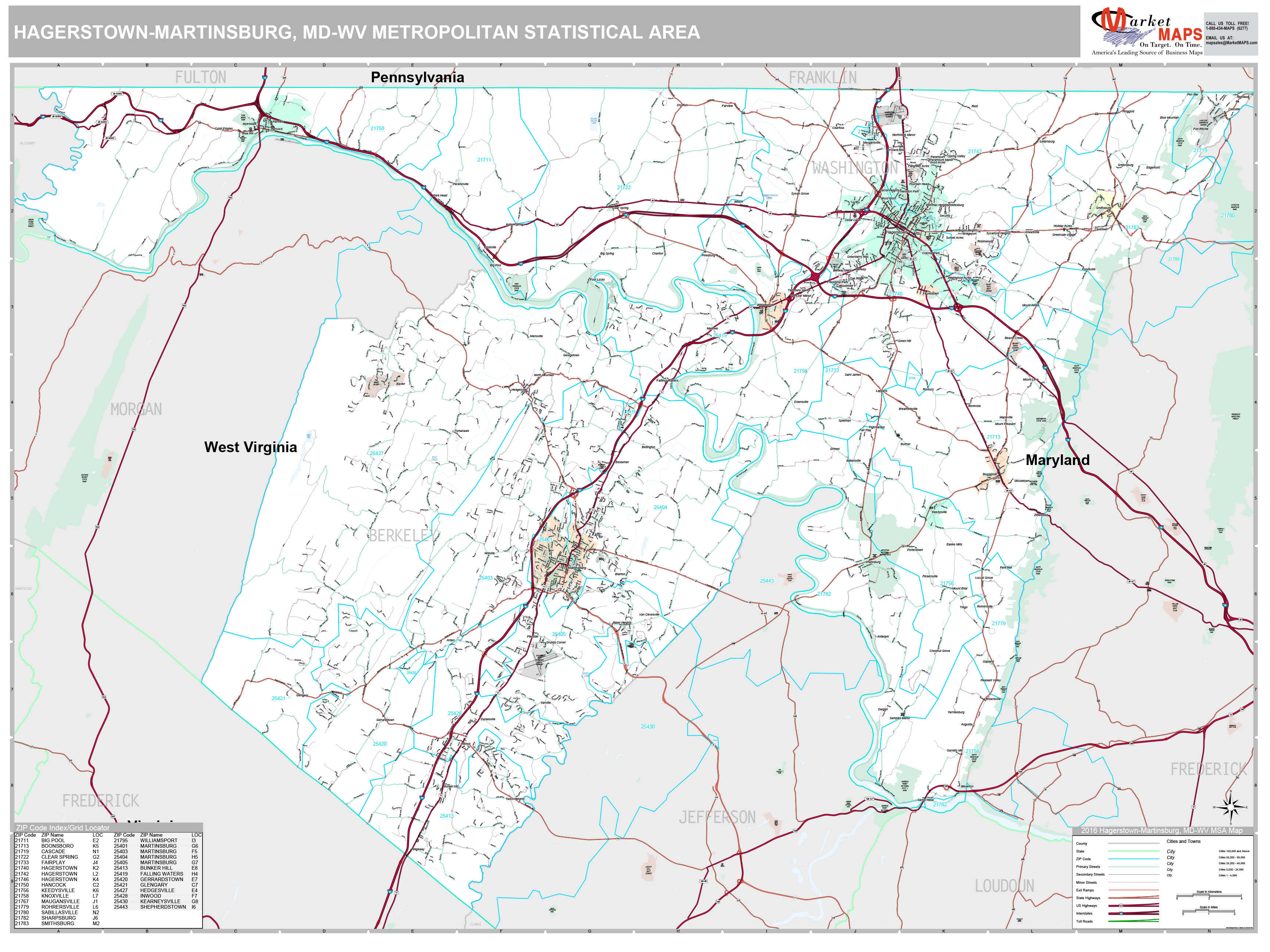 Hagerstown-Martinsburg, MD Metro Area Wall Map Premium Style by MarketMAPS