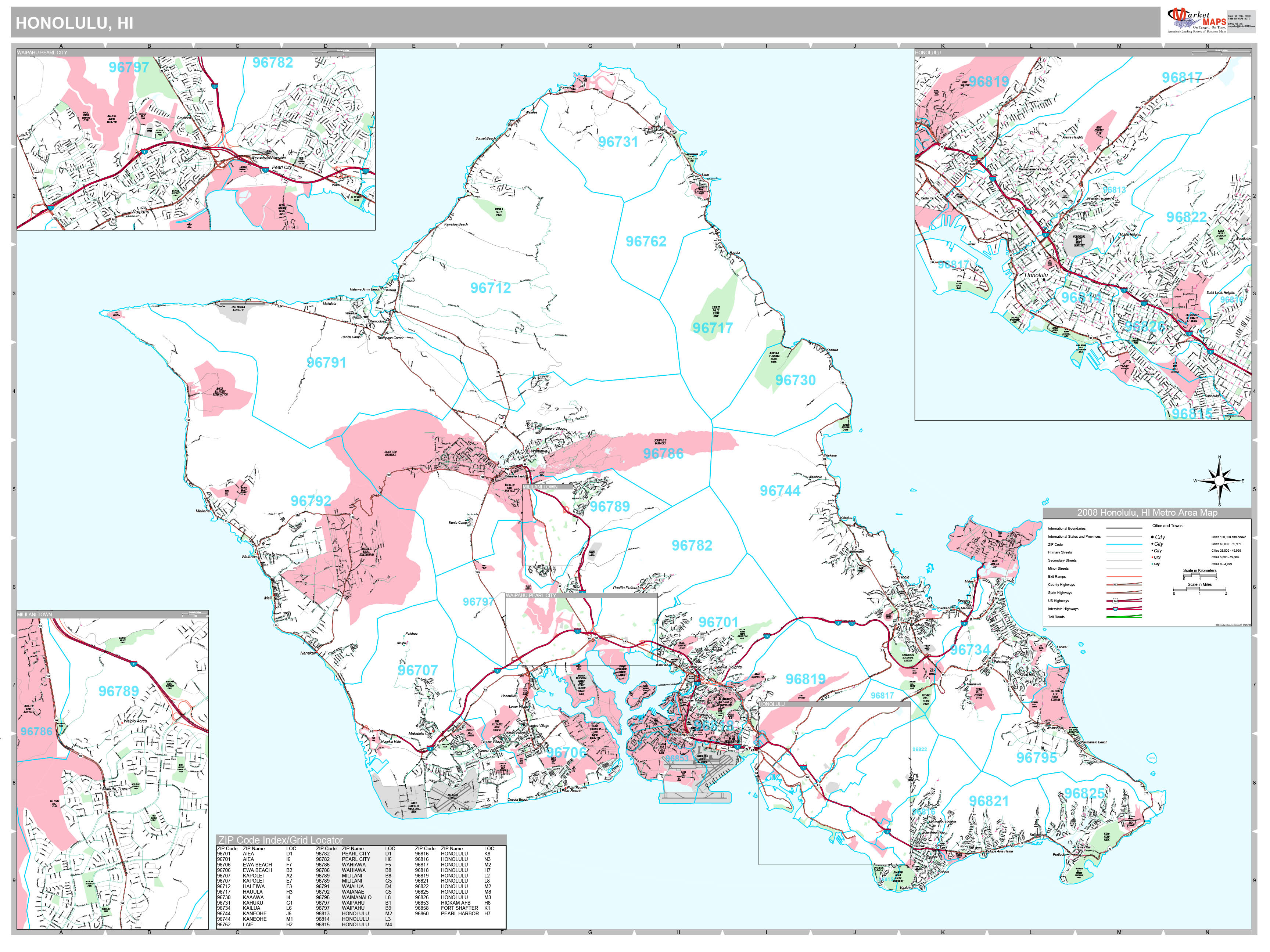 Honolulu, HI Metro Area Wall Map Premium Style by MarketMAPS