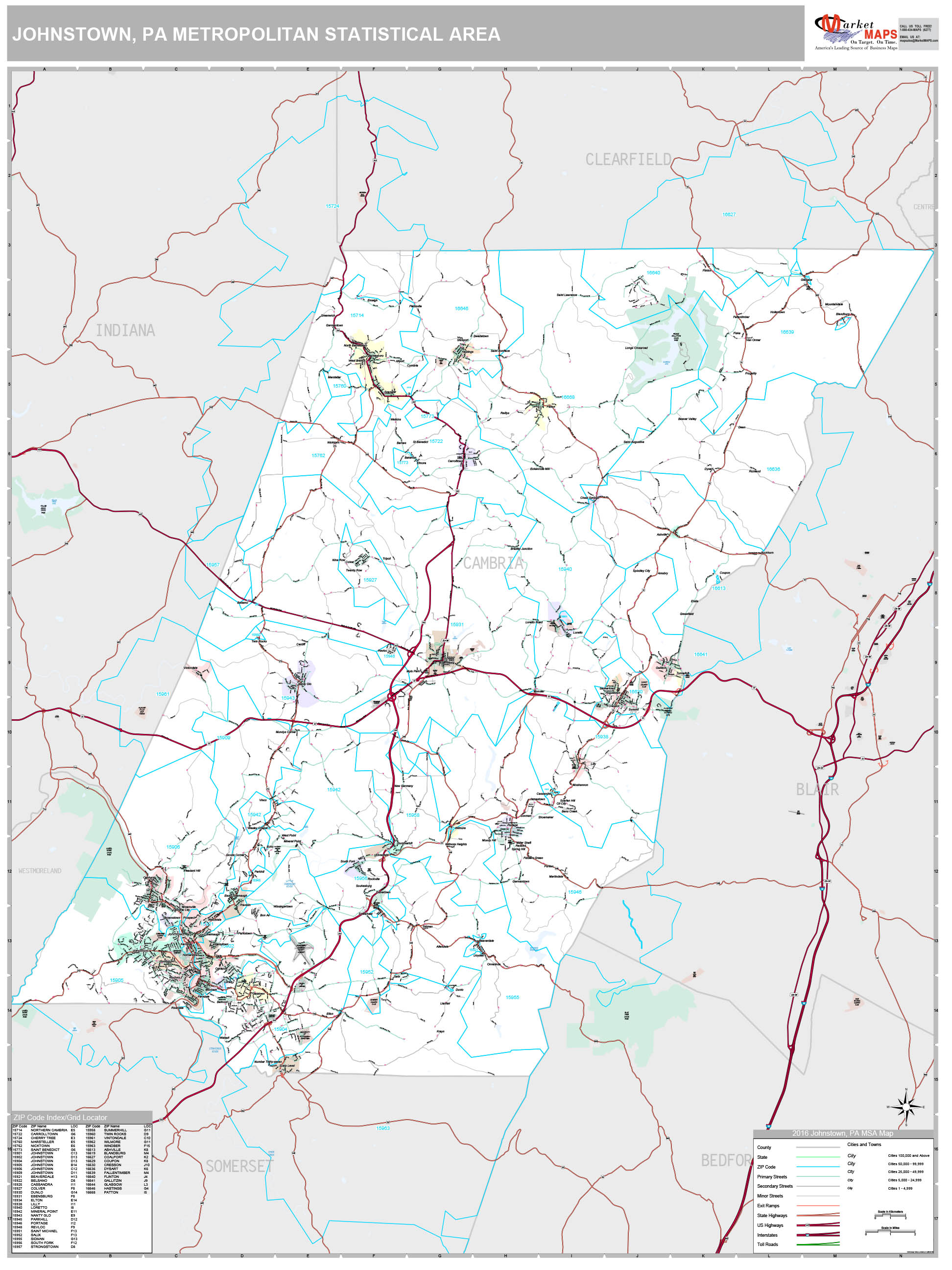 Johnstown, PA Metro Area Wall Map Premium Style by MarketMAPS MapSales