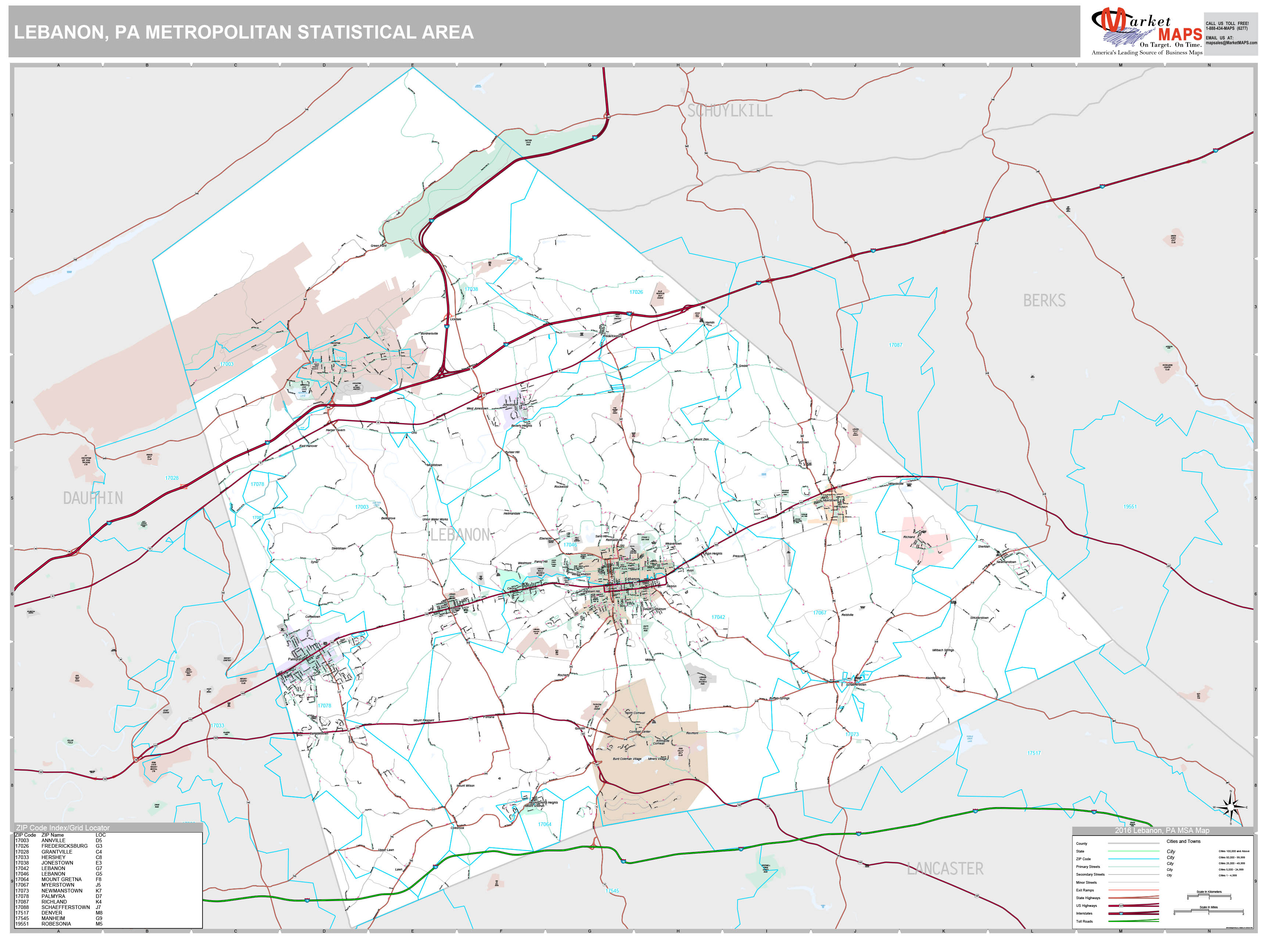 Lebanon, PA Metro Area Wall Map Premium Style by MarketMAPS - MapSales.com