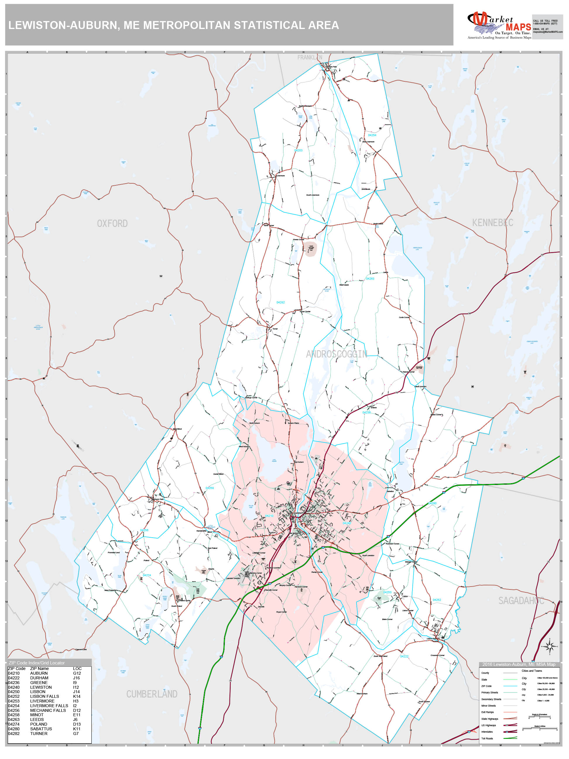 Lewiston-Auburn, ME Metro Area Wall Map Premium Style by MarketMAPS