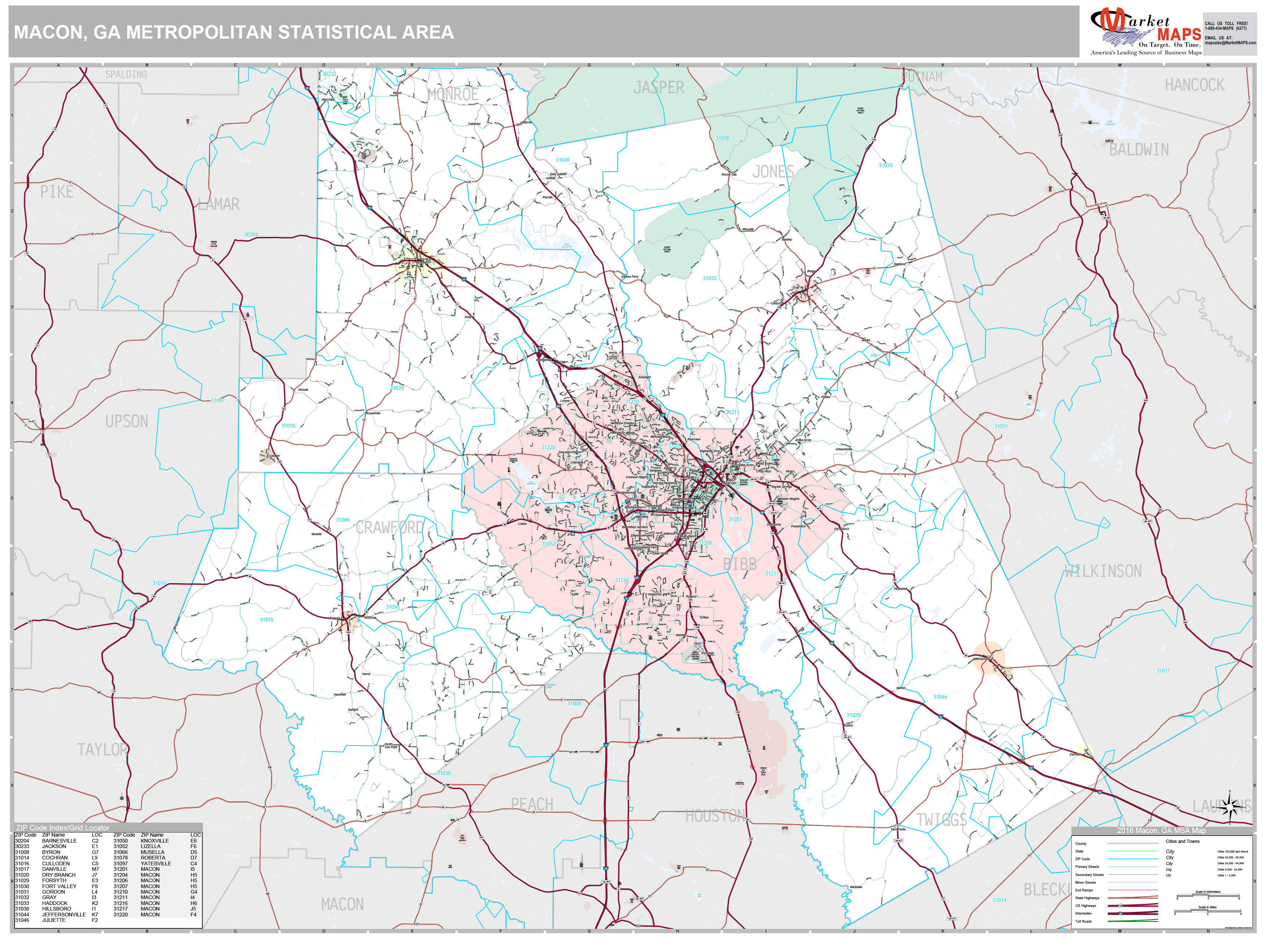 Macon, GA Metro Area Wall Map Premium Style by MarketMAPS