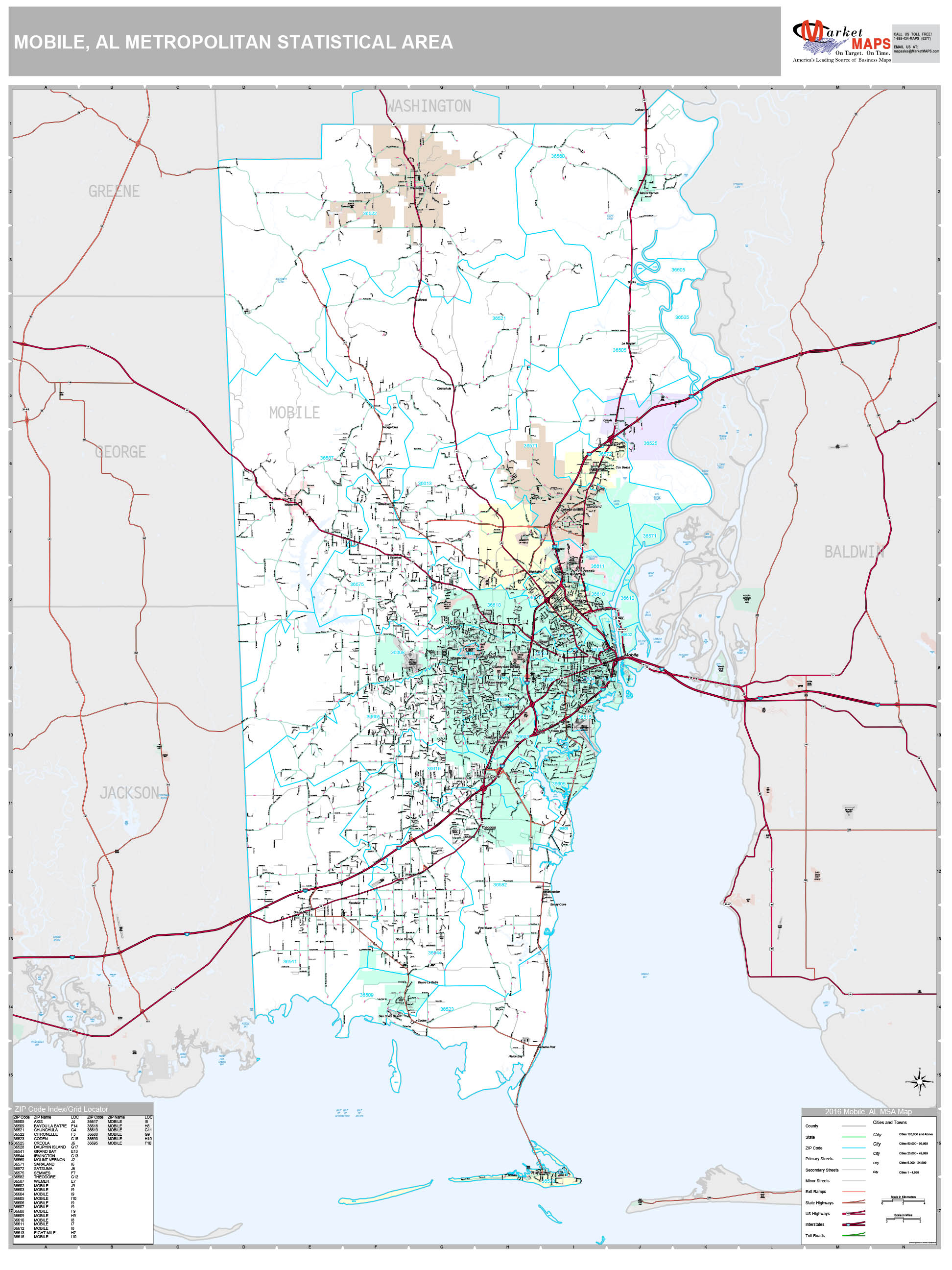 Mobile, AL Metro Area Wall Map Premium Style by MarketMAPS