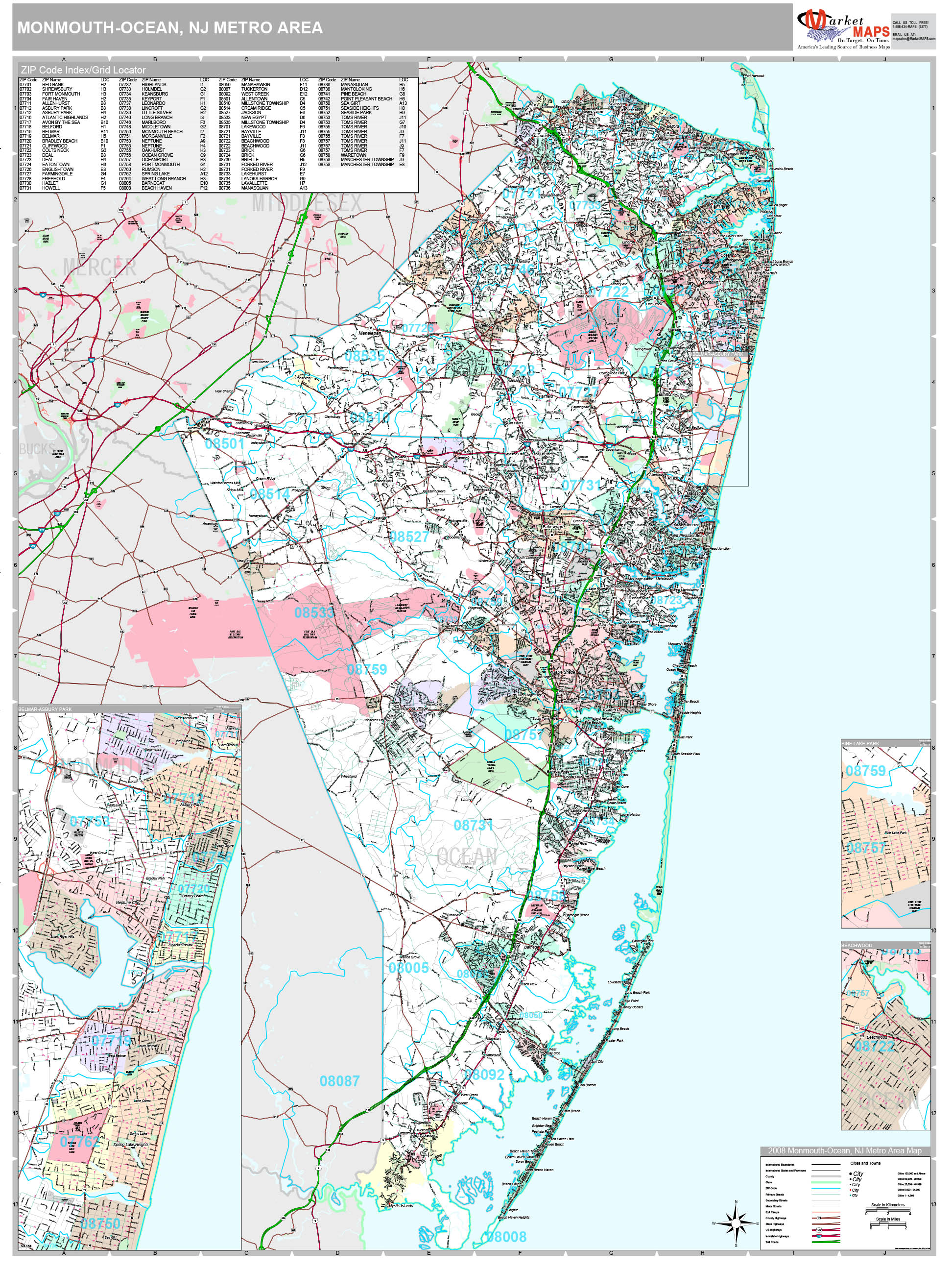 Monmouth-Ocean, NJ Metro Area Wall Map Premium Style by MarketMAPS ...