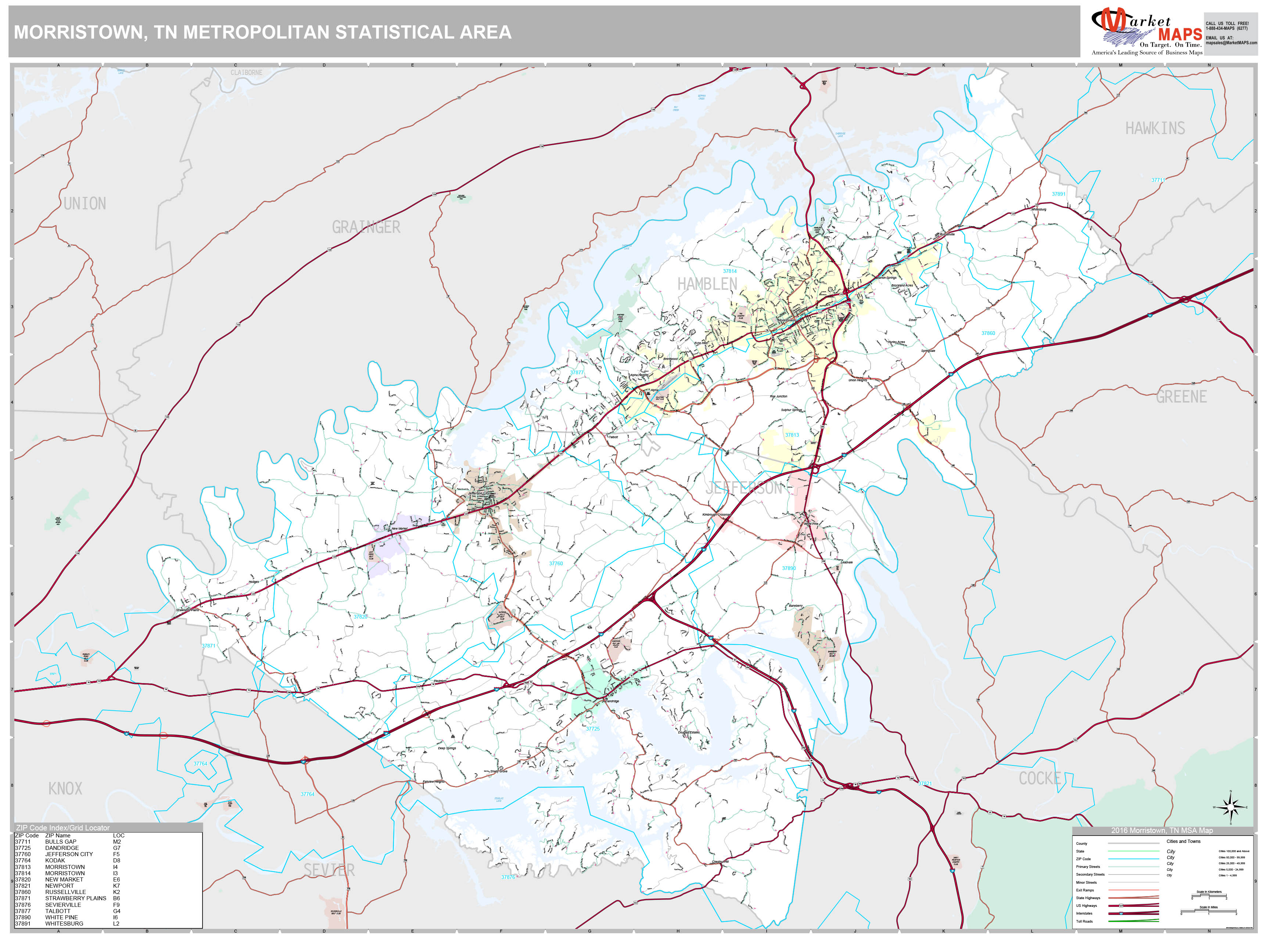 Morristown, TN Metro Area Wall Map Premium Style by MarketMAPS ...