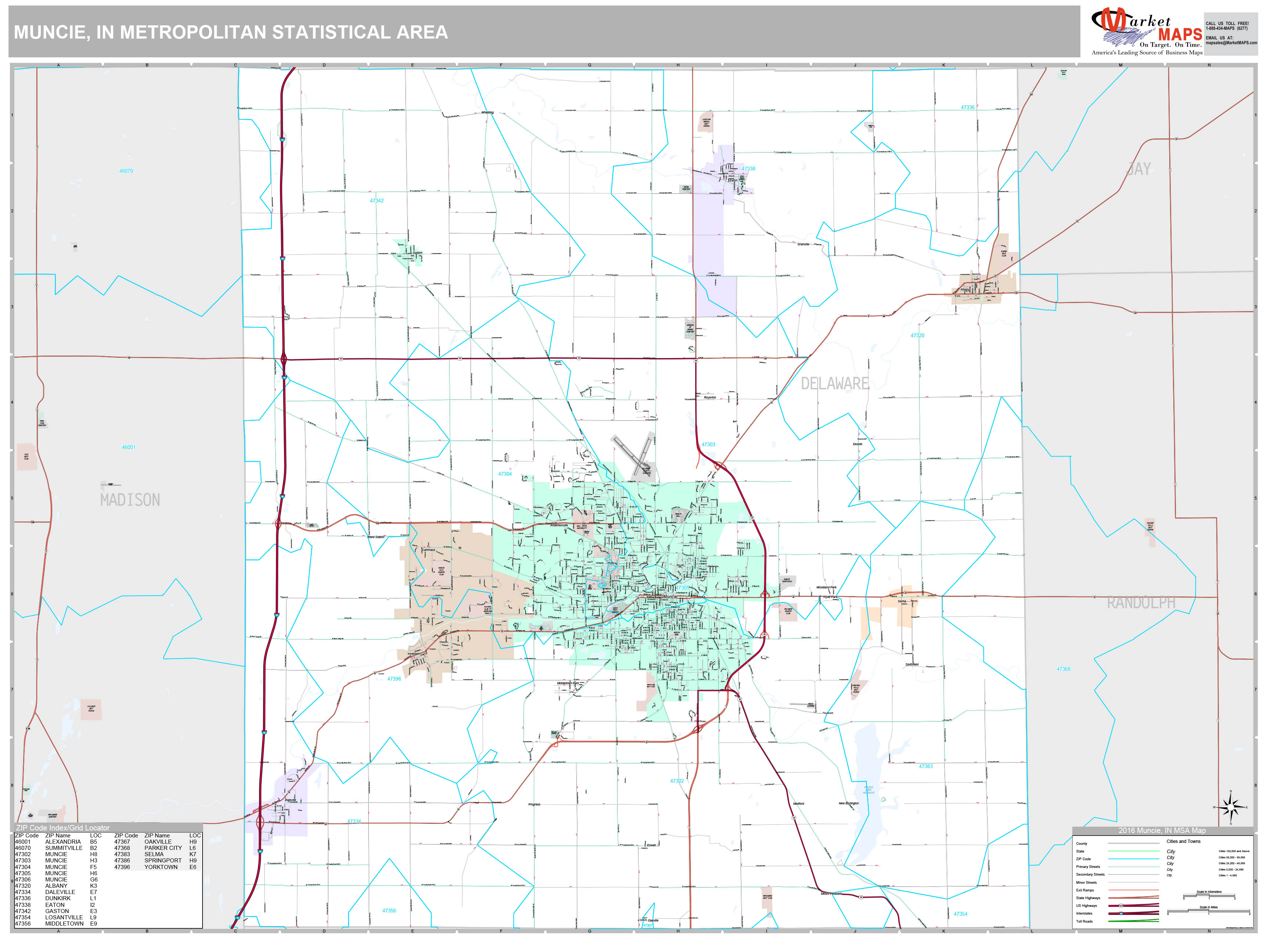 Muncie, IN Metro Area Wall Map Premium Style by MarketMAPS - MapSales